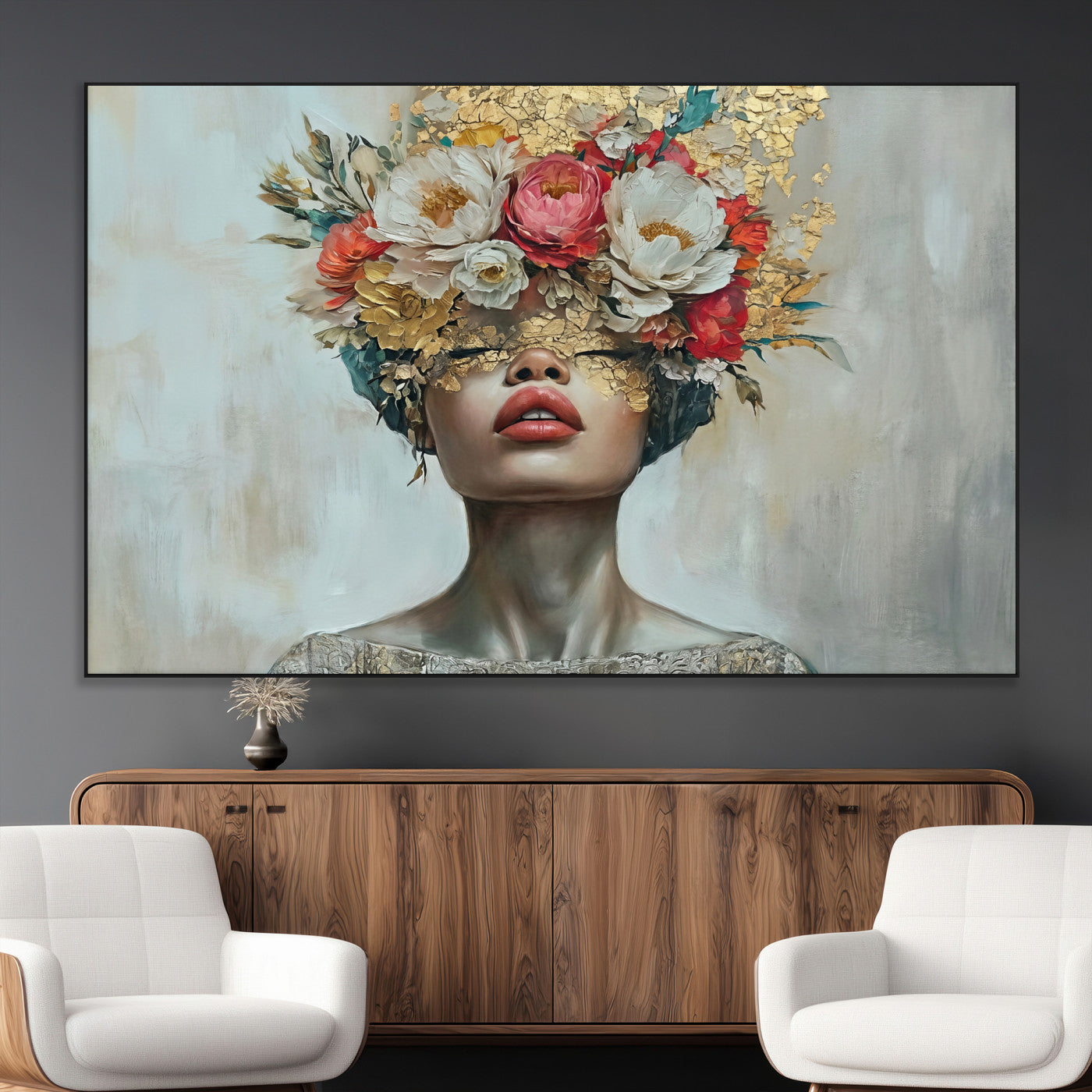 26919-MGV-CV-36X24 - Golden Petal Wall Art Canvas Print - Silhouette Woman Wall Art Canvas Print, Floral Woman Portrait