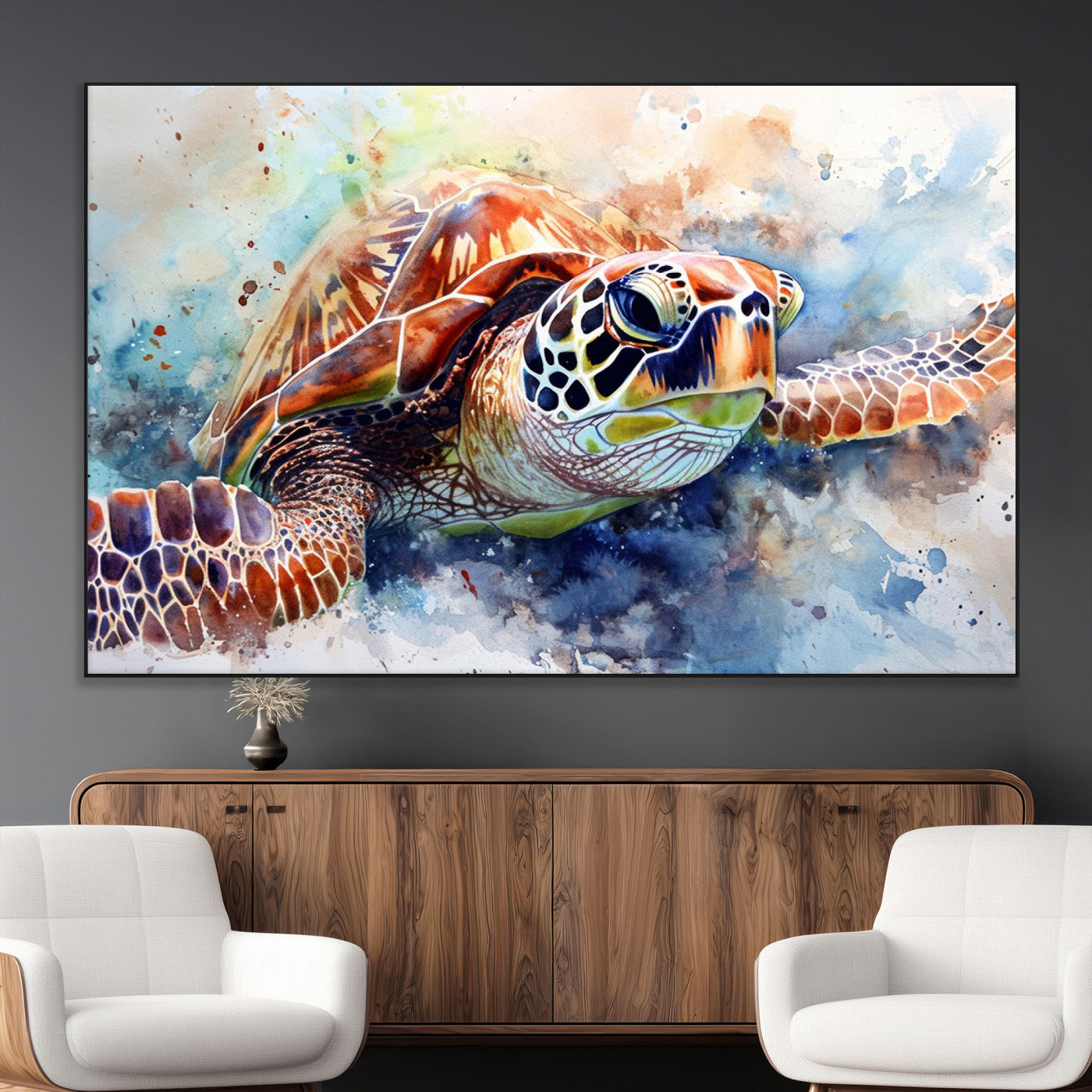 -Watercolor Sea Turtle Wall Art Canvas Print - Vibrant Ocean Colors in Watercolor Style - Ready to