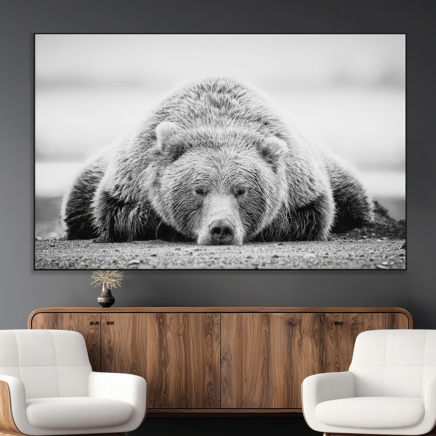 72905-MGV-CV-36X24-Resting Grizzly Bear Wall Art Canvas Print – Majestic Lazy Black and White Wildlife Bear Art,