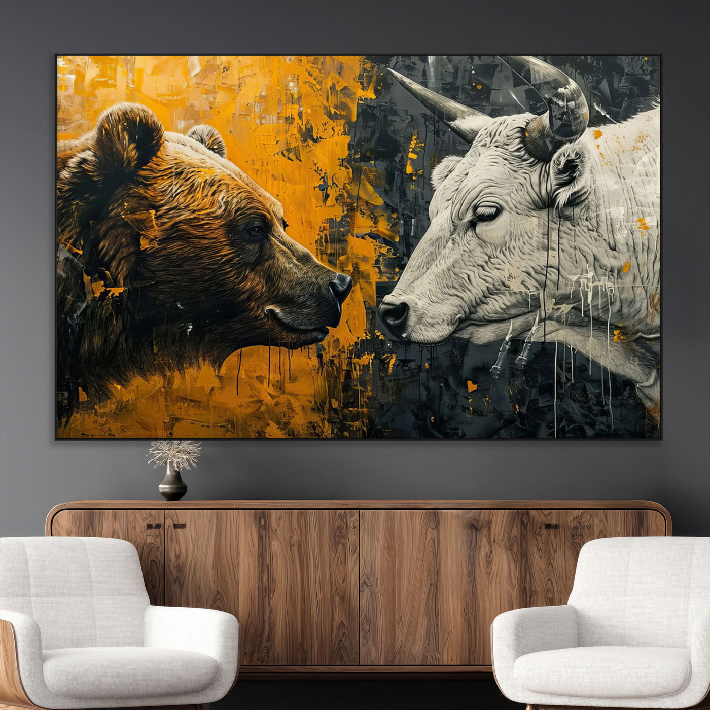 71185-MGV-CV-36X24-Bear and Bull Wall Art Canvas Print – Abstract Animal Portrait Painting for Modern Home Decor –