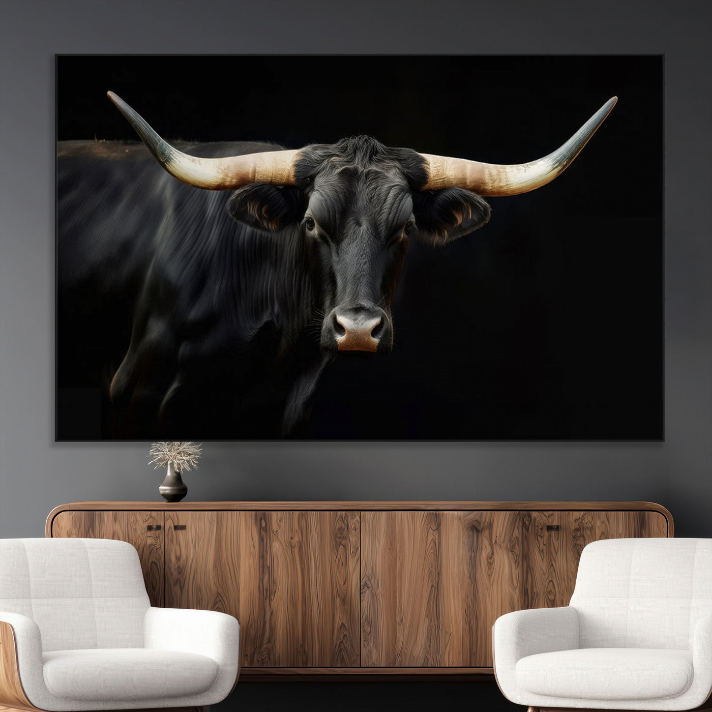 63798-MGV-CV-36X24-Black Bull Wall Art – Majestic Longhorn Canvas Print with Dark Background, Rustic Western Farmhouse Decor for Living Room or Office