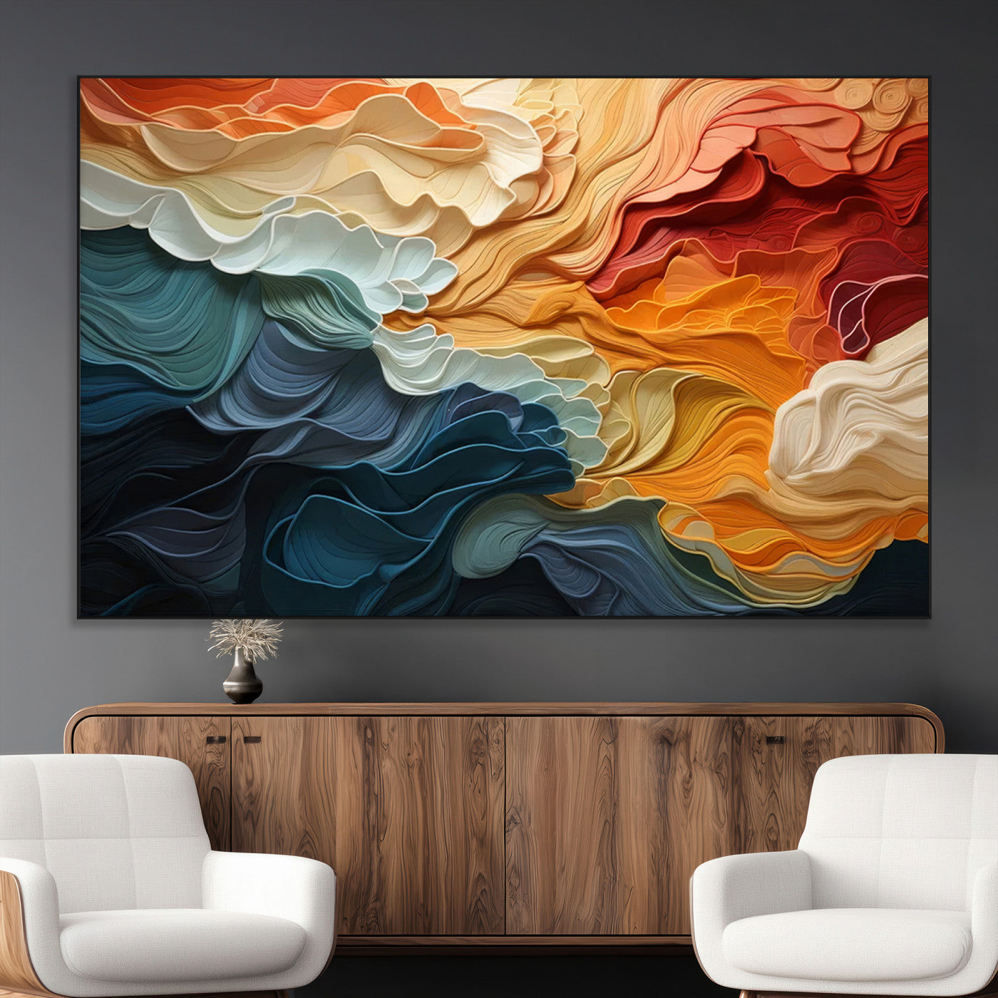 31634-MGV-CV-36X24-Blue Orange Abstract Wave Wall Art Canvas Print, Framed Blue Orange Wave Wall Art