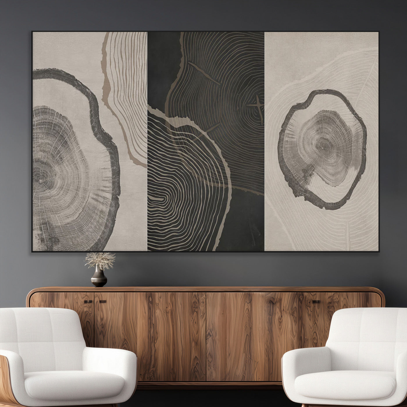 25407-MGV-CV-36X24-Modern Abstract Tree Ring Canvas Art Set | 3 Panel Large Tree Ring Design for Living Room, Office,