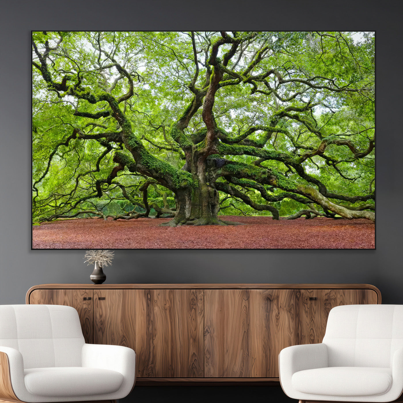 40313-MGV-CV-36X24-Framed Angel Oak Tree Wall Art - 3-Panel Canvas Prints, Large Green Nature Artwork, Ready to Hang