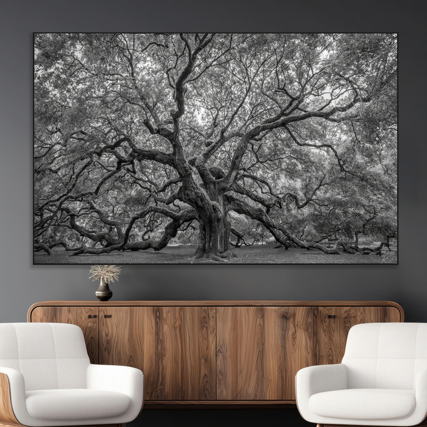 -Majestic Angel Oak Tree Black and White Canvas Print – Multi Panel Wall Art, Giclée Print, Ready to