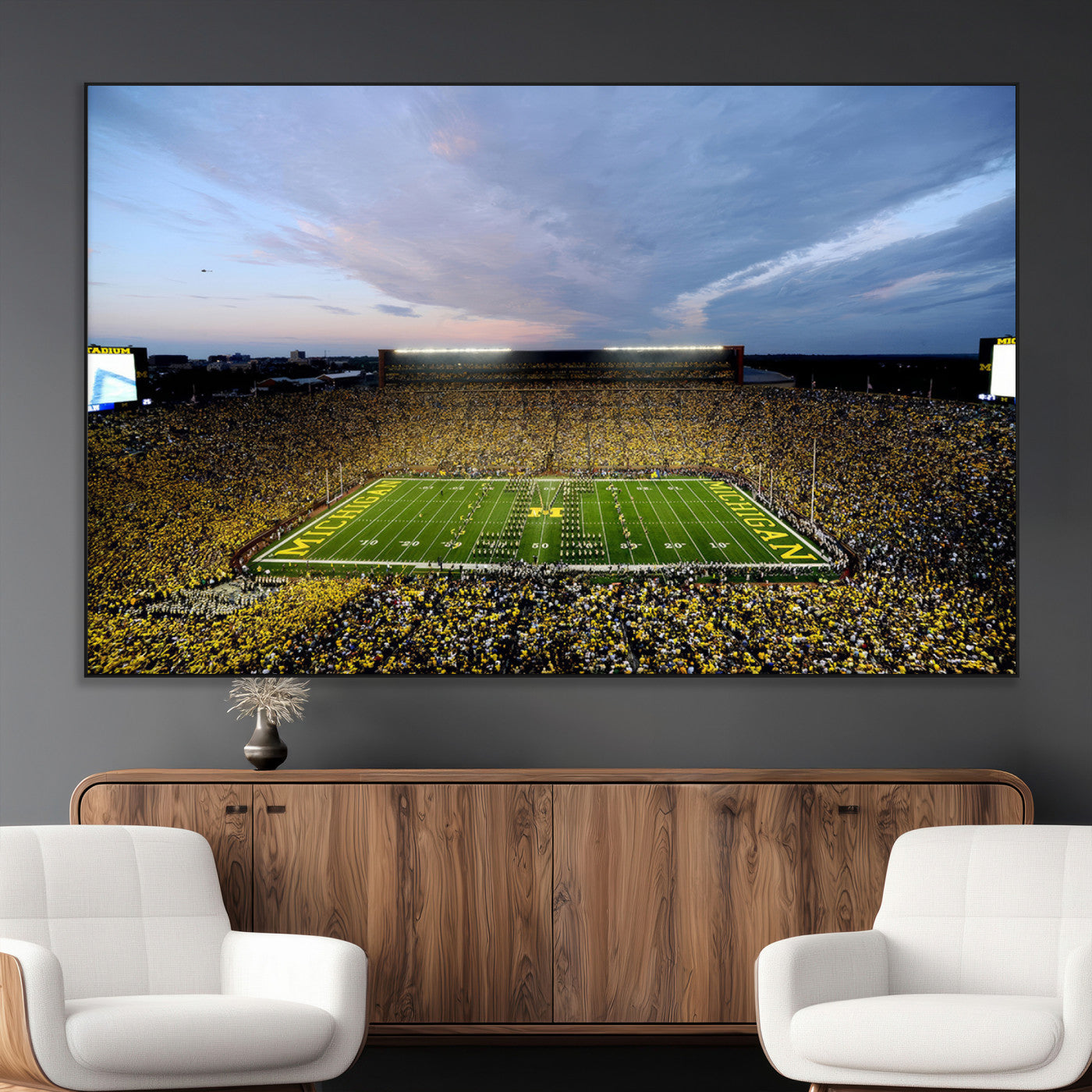 82641-MGV-CV-36X24-Michigan Stadium Wall Art Canvas Print – Framed Football Field Scene with Marching Band Artwork for Home, Office