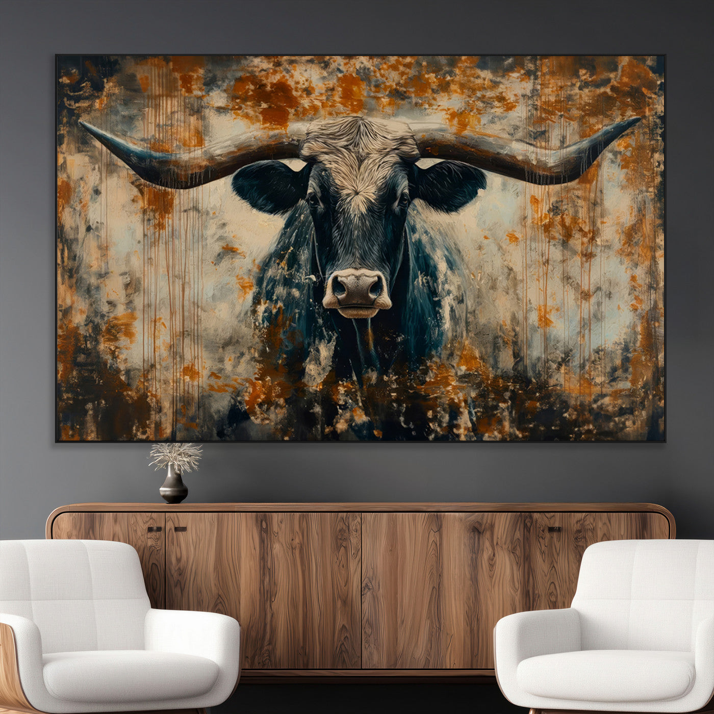 85913-MGV-CV-36X24-Longhorn Wall Art – Rustic Western Bull Canvas Print, Modern Farmhouse Animal Decor for Living Room, Office, or Ranch House