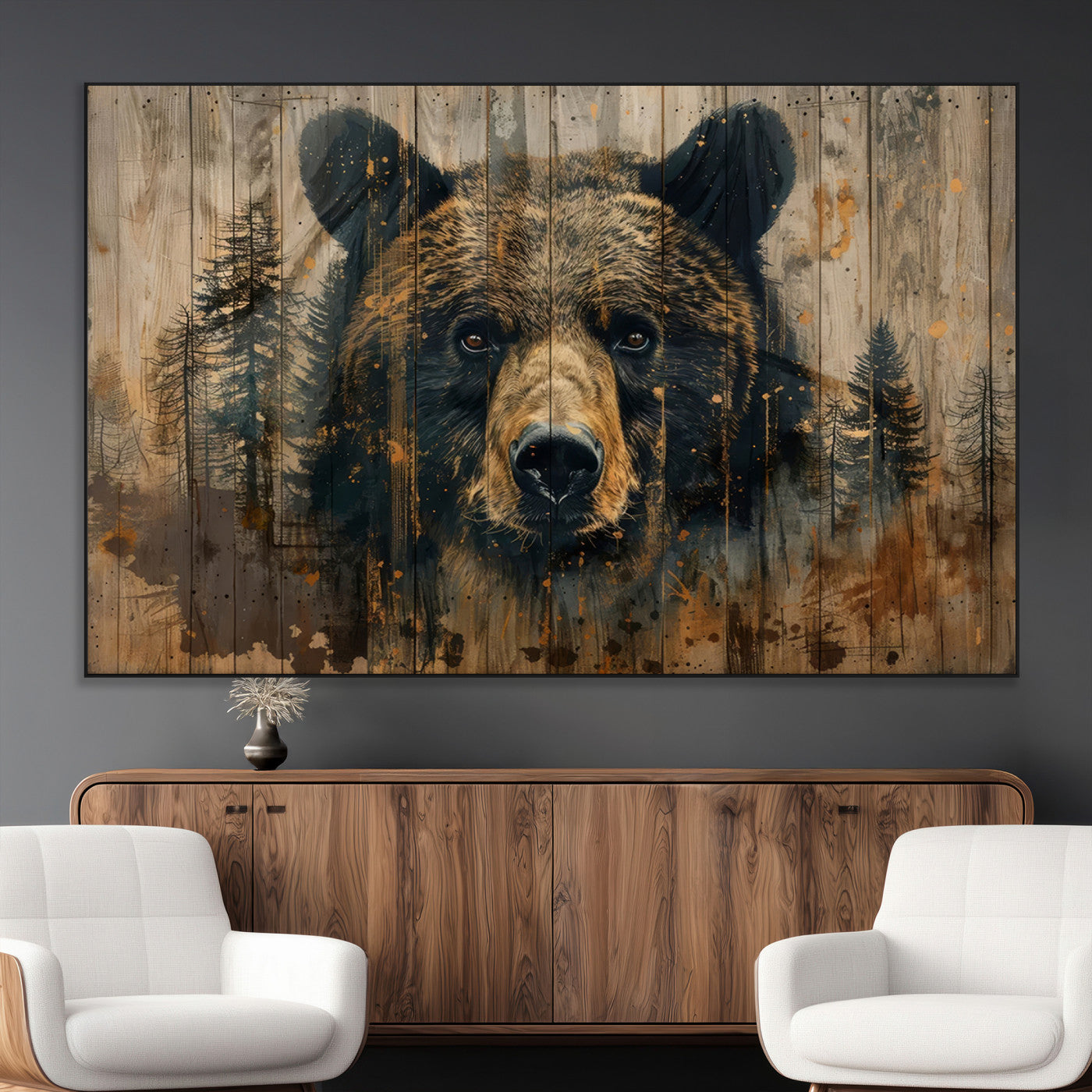 51373-MGV-CV-36X24-Abstract 399 Bear Wall Art | Rustic Cabin Wall Decor with Forest Design | Framed and Ready to Hang |