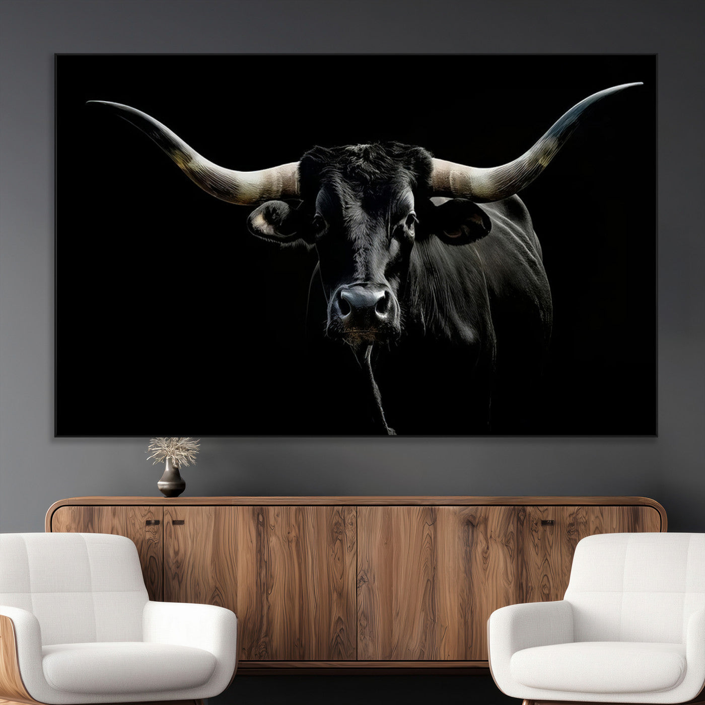 20679-MGV-CV-36X24-Texas Black Longhorn Bull Wall Art Canvas Print - Western Texas Cattle Rustic Decor Print - Longhorn