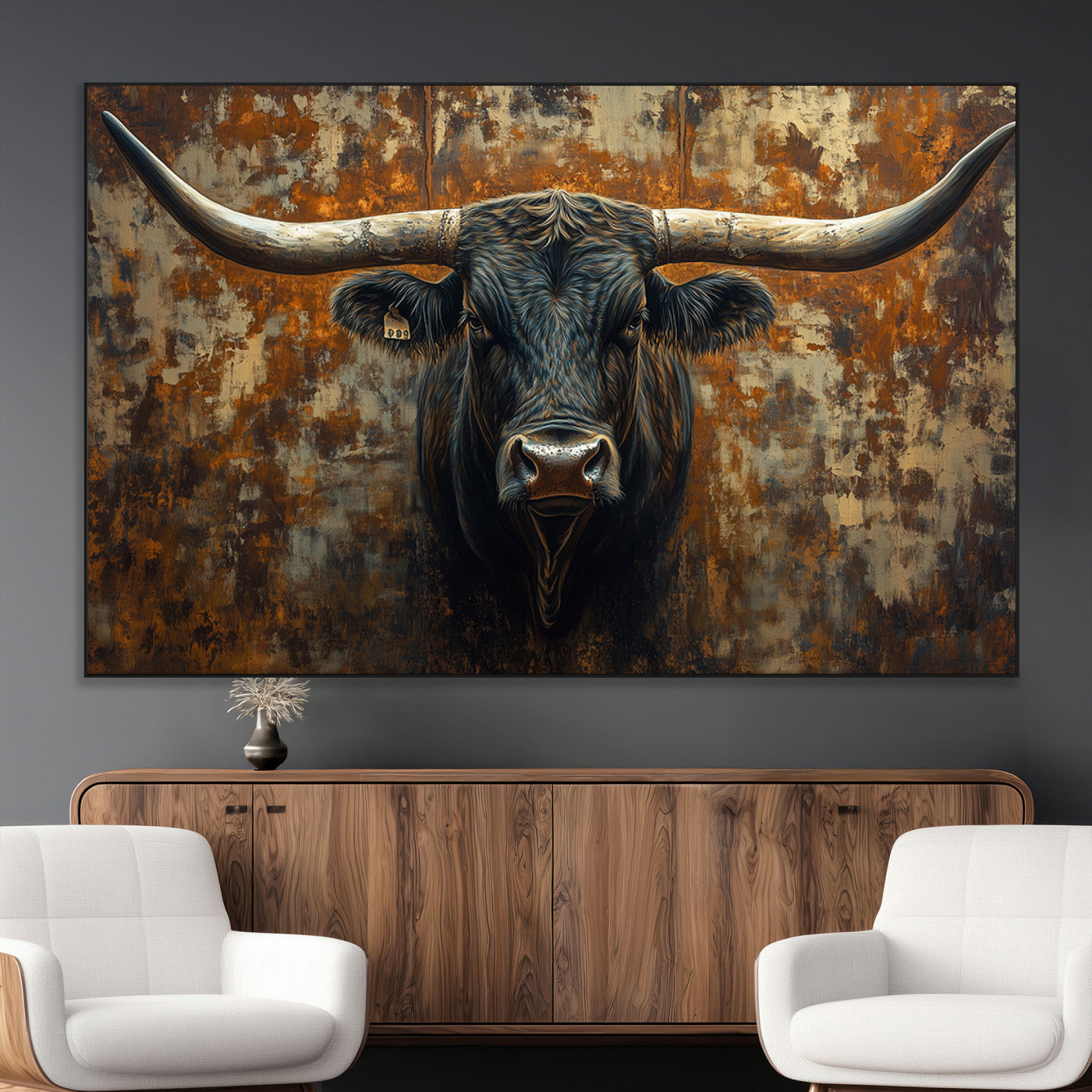 68068-MGV-CV-36X24-Longhorn Texas Cow Bull Wall Art | Rustic Farmhouse Canvas Print | Ready to Hang Barn Decor for