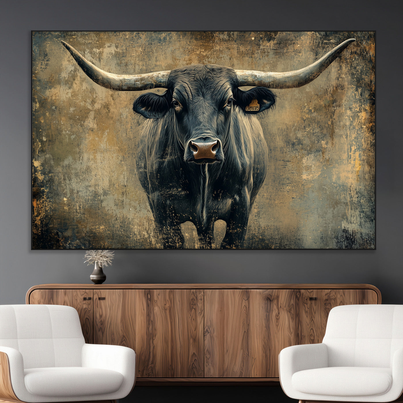 57385-MGV-CV-36X24-Texas Longhorn Bull Wall Art – Framed Rustic Cow Canvas Print, Western Farmhouse Decor Artwork for Living Room or Office