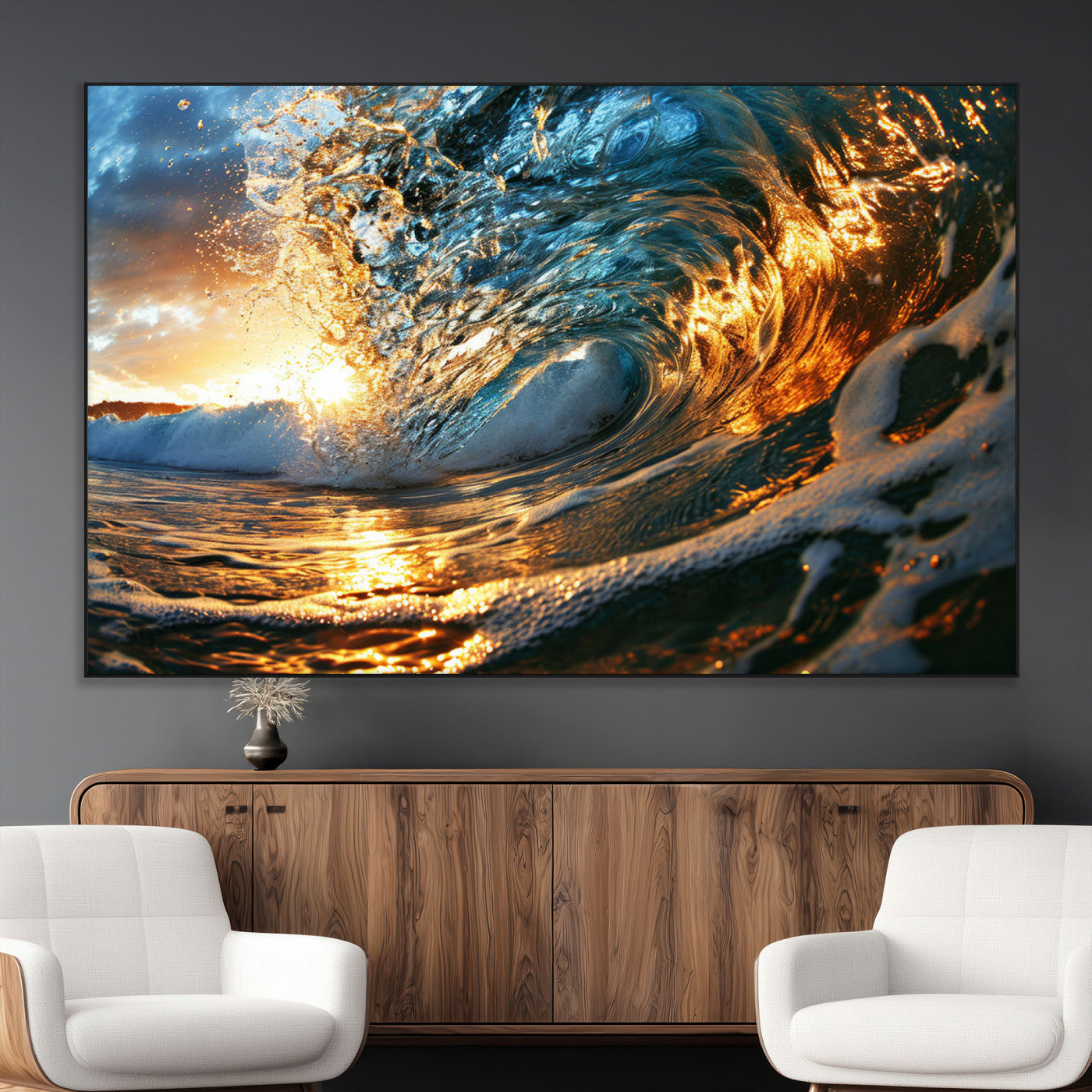 41370-MGV-CV-36X24-Ocean Wave at Sunset Canvas Wall Art – Vibrant Coastal Beach Waves Print, Large Nautical Decor,