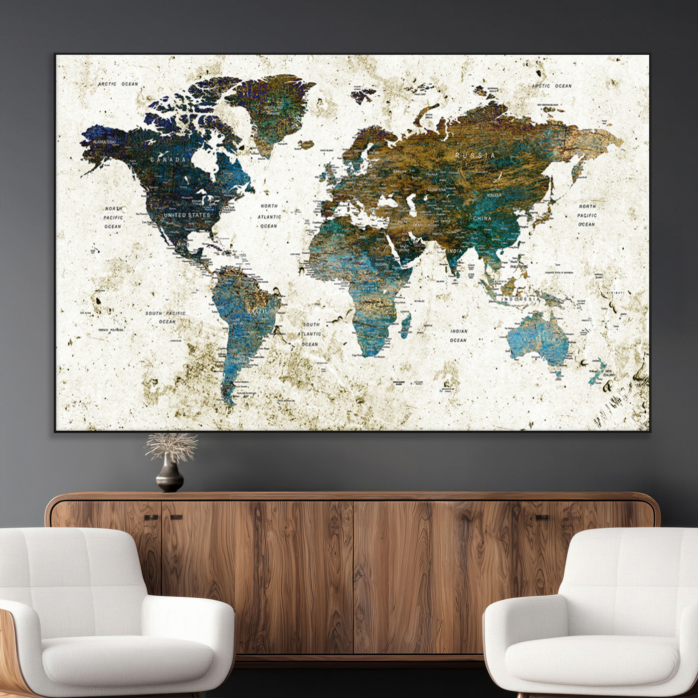 89176-MGV-CV-36X24-Vintage Blue and Brown World Map Canvas Wall Art – Framed Rustic Map Print, Earth Tone Travel Decor for Stylish Home and Office Walls