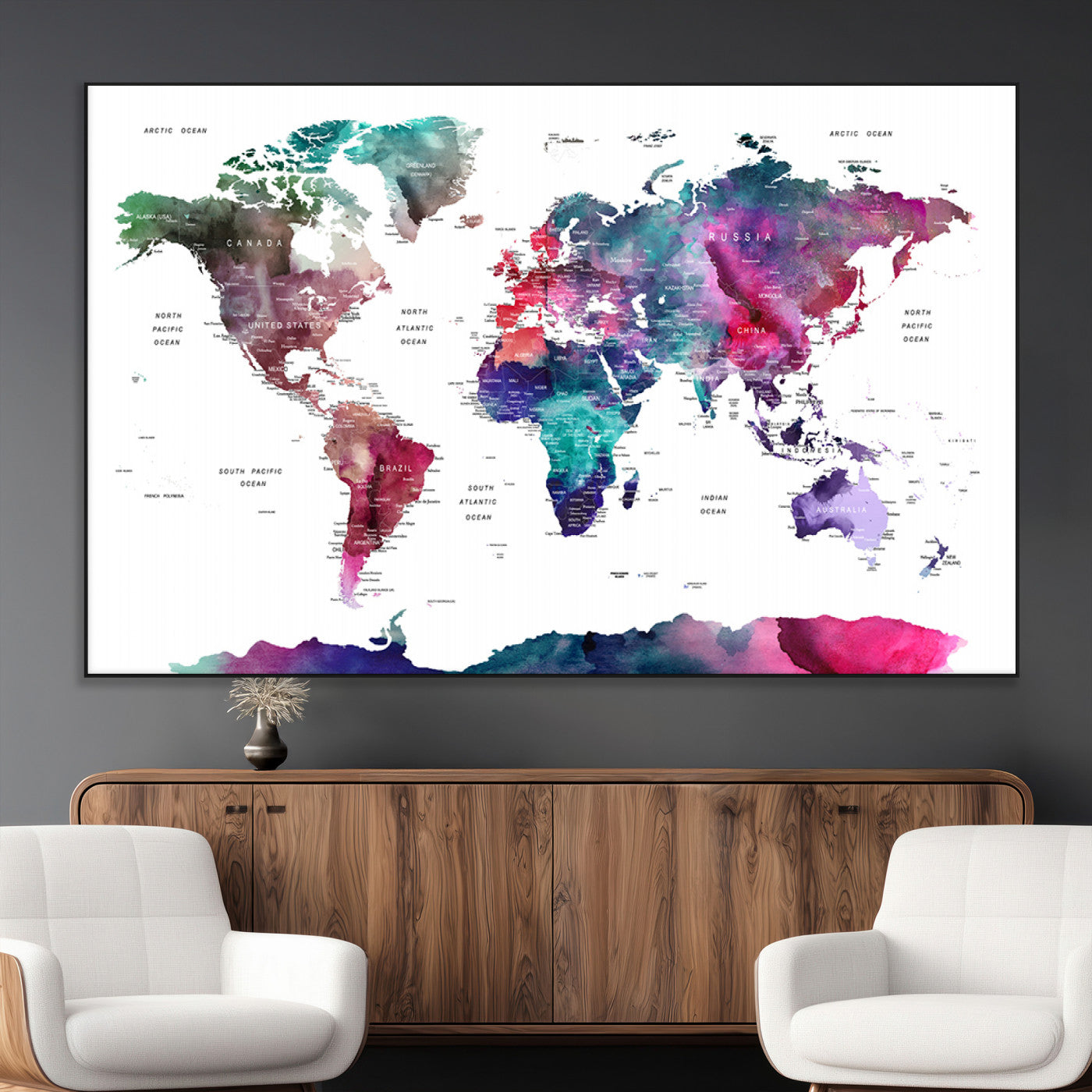 78176-MGV-CV-36X24-Colorful Watercolor World Map Canvas Wall Art – Framed Modern Map Print, Vibrant Travel Inspired Artwork for Home and Office Decor