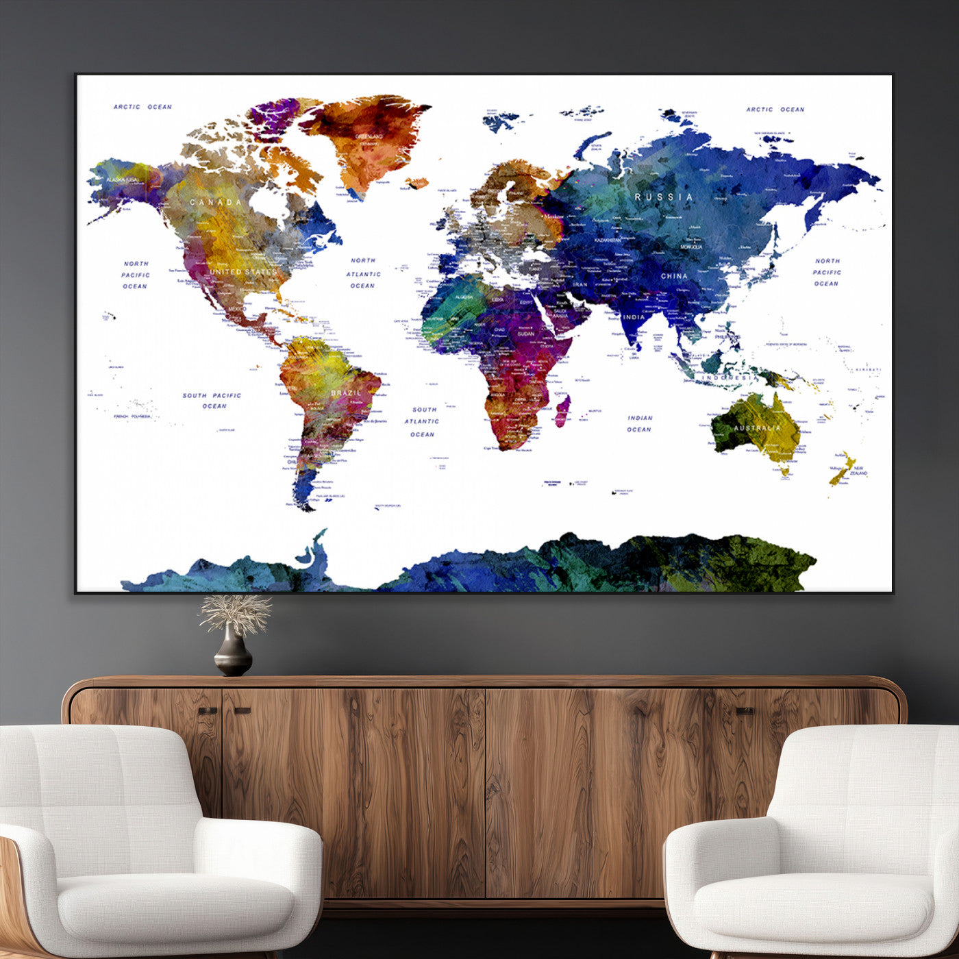 90446-MGV-CV-36X24-Colorful Watercolor World Map Canvas Wall Art – Framed Modern Push Pin Travel Map for Home and Office Decor