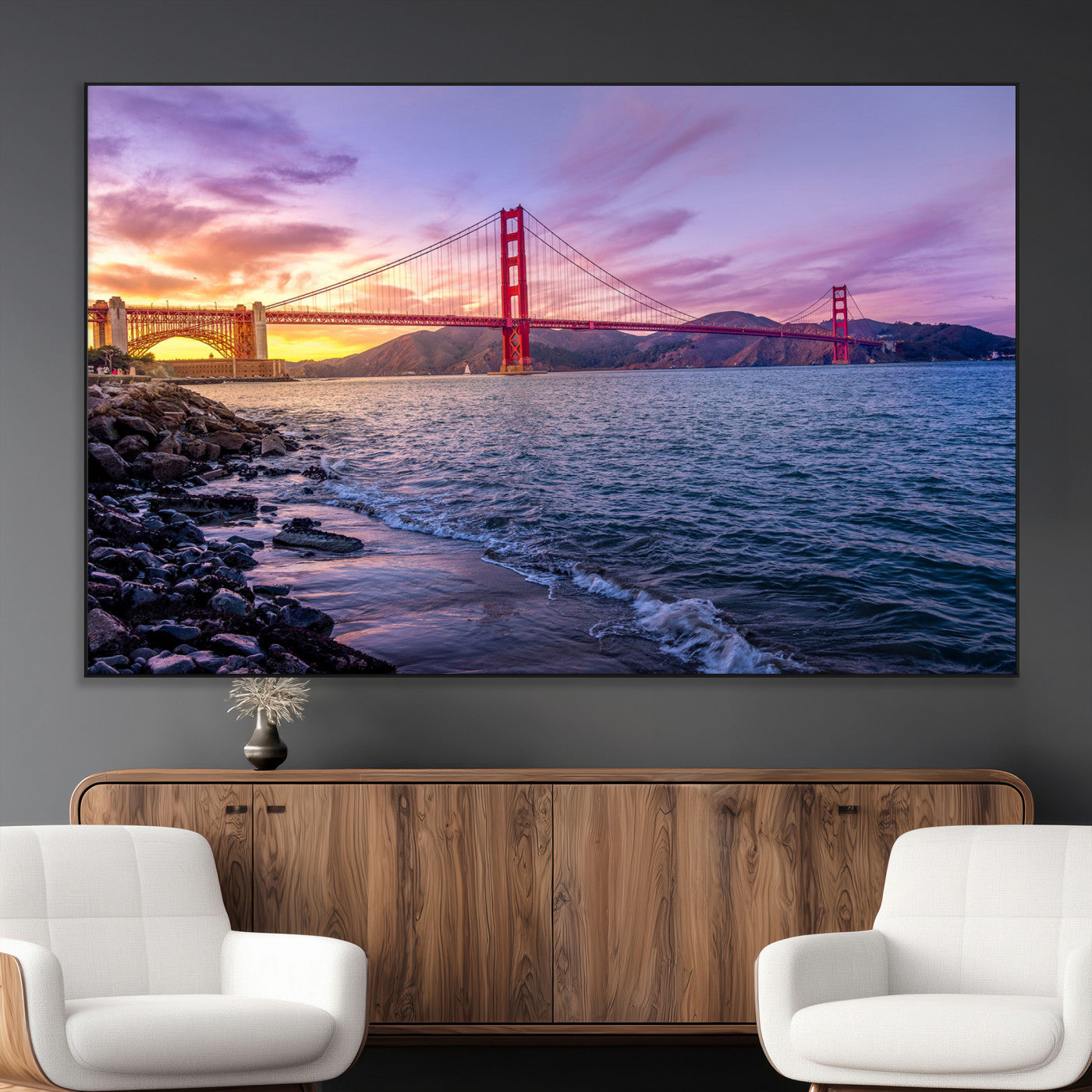 24256-MGV-CV-36X24 - Golden Gate Bridge Wall Art Print, San Francisco Sunset Canvas Wall Art, Cityscape Canvas Print for
