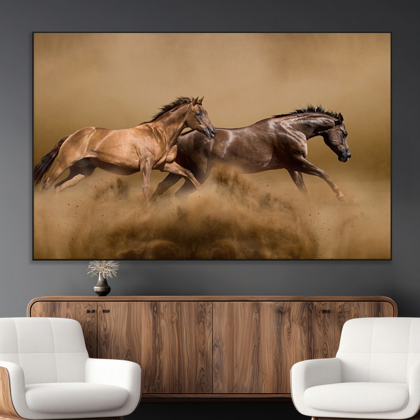 53721-MGV-CV-36X24-Large Wall Art Canvas Print – Two Running Brown Horses Motion Animal Artwork for Home, Office, Living Room Decor