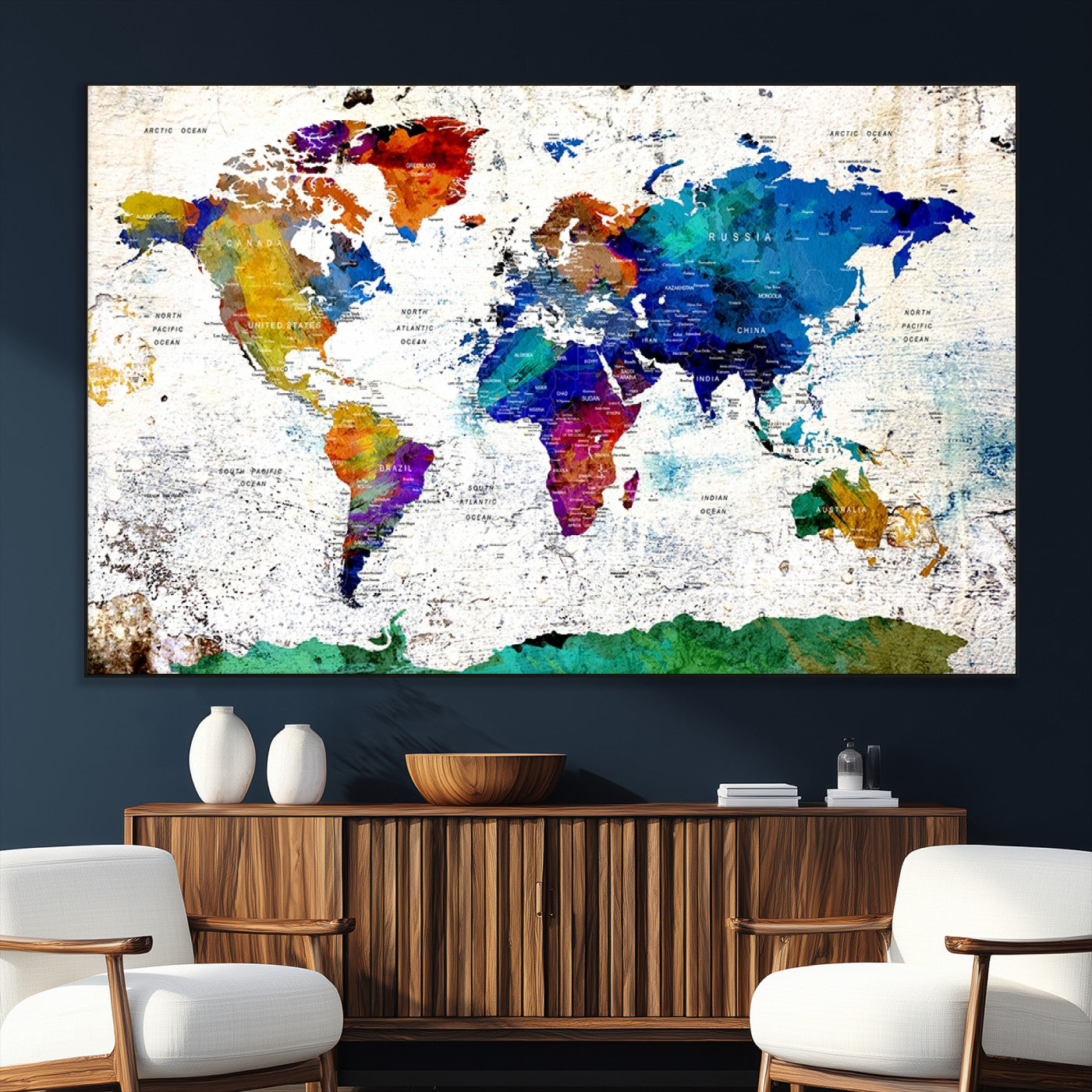 47974-MGV-CV-36X24-Push Pin World Map Canvas Print – Travel Tracker Wall Art for Couples, Perfect Anniversary Gift for Home or Office Decor