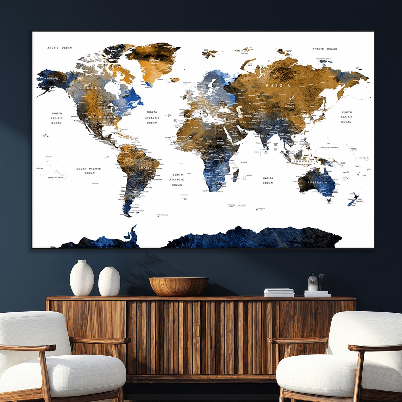 56231-MGV-CV-36X24-Navy and Gold World Map Canvas Wall Art – Framed Modern World Map Print, Elegant Travel Inspired Artwork for Home and Office Decor