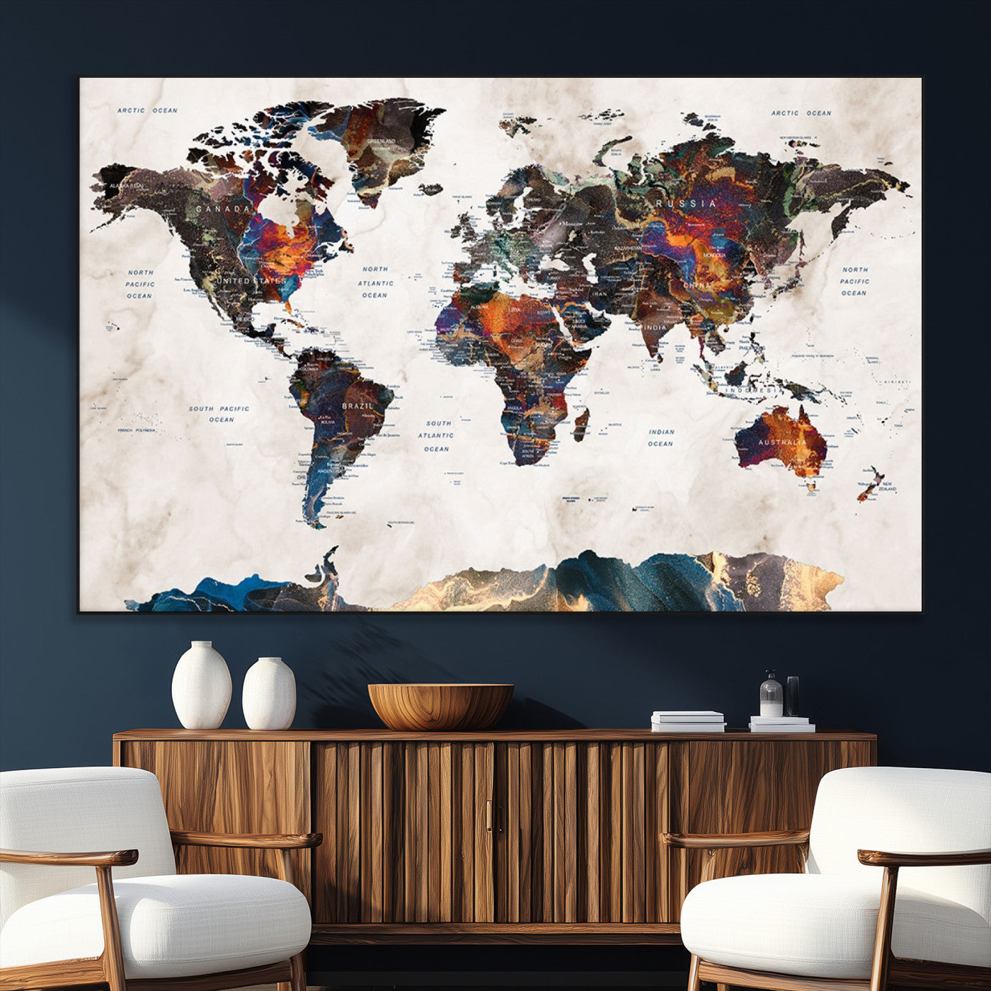 90881-MGV-CV-36X24-Push Pin World Map Canvas Print – Travel Tracker Wall Art for Couples, Perfect Anniversary Gift for Home or Office Decor