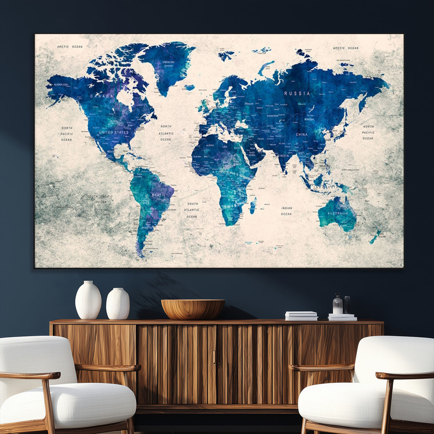 43947-MGV-CV-36X24-Blue Watercolor World Map Canvas Print – Framed Modern Wall Art, Elegant Push Pin Travel Map Decor for Home Office or Living Room