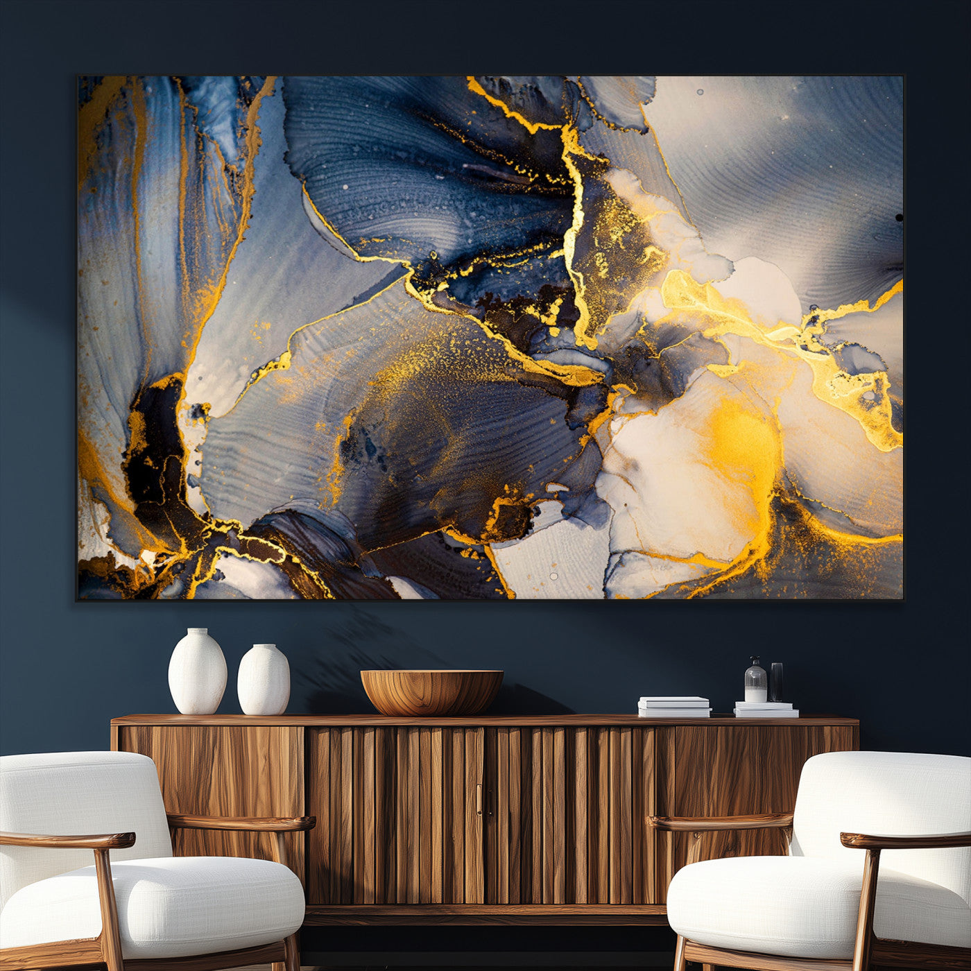 42100-MGV-CV-36X24-Large Abstract Wall Art Print - Gold and Blue Abstract Canvas Wall Art | Fluid Ink Modern Luxury