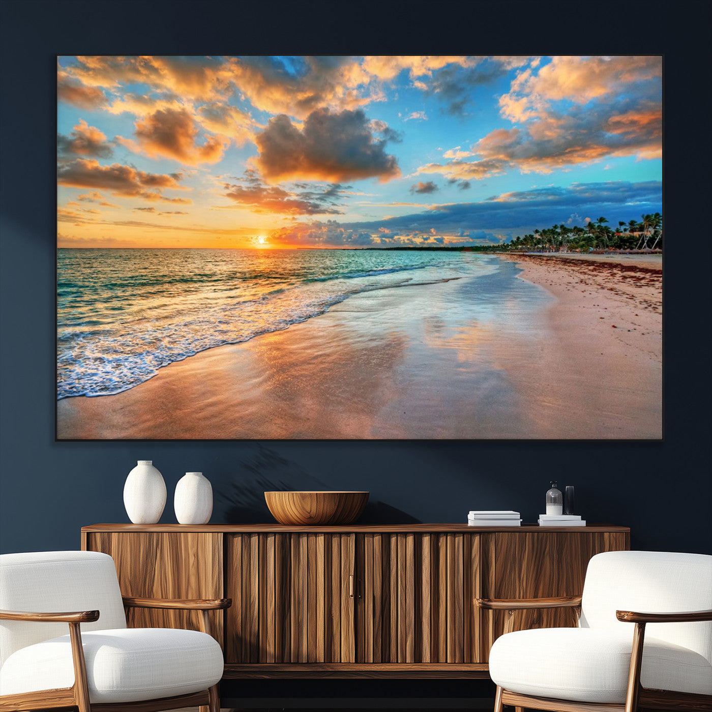 41572-MGV-CV-36X24-Sunset Beach Canvas Wall Art – Tropical Triptych Seascape Print – Coastal Ocean Decor for Living