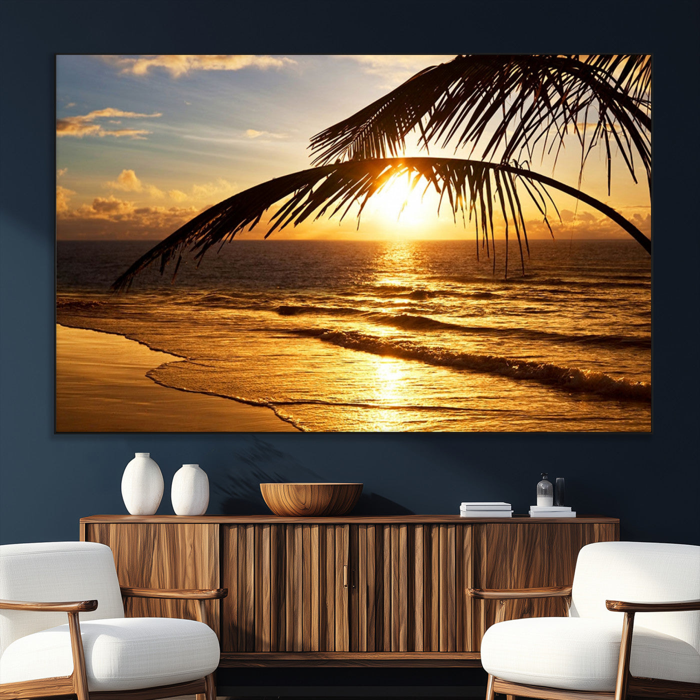 -Golden Tropical Beach Sunset Canvas Triptych, Coastal Palm Tree Wall Art, Ocean Shoreline Giclee