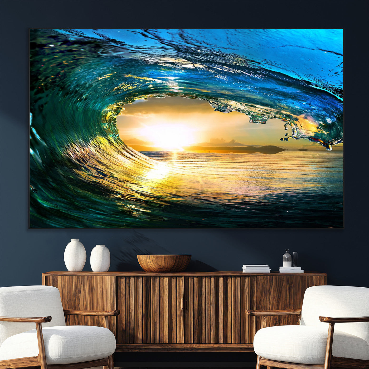 -Ocean Wave at Sunset Canvas Art, Large Wall Print of Vibrant Water Waves, Coastal Art for Living