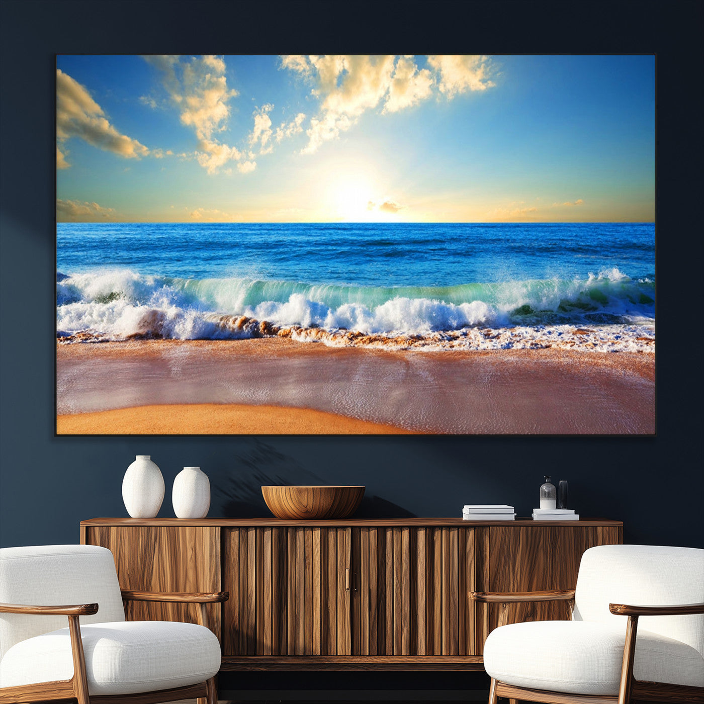 -Tropical Beach Sunset Canvas Art, Ocean Waves and Sandy Shoreline Wall Art, Large Beach Decor for