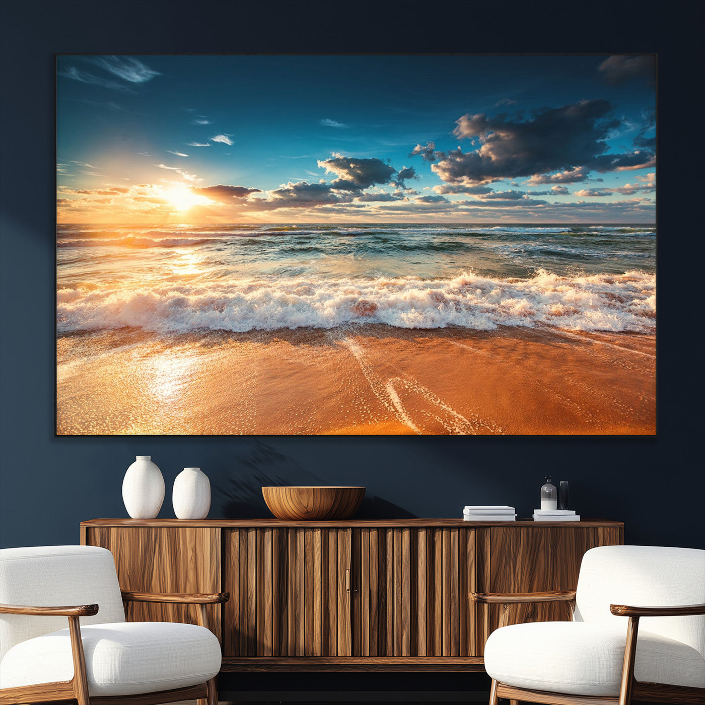 -Golden Sunset Beach Triptych Canvas Art, Giclee Coastal Wall Decor, Ocean Waves Print, Modern Beach