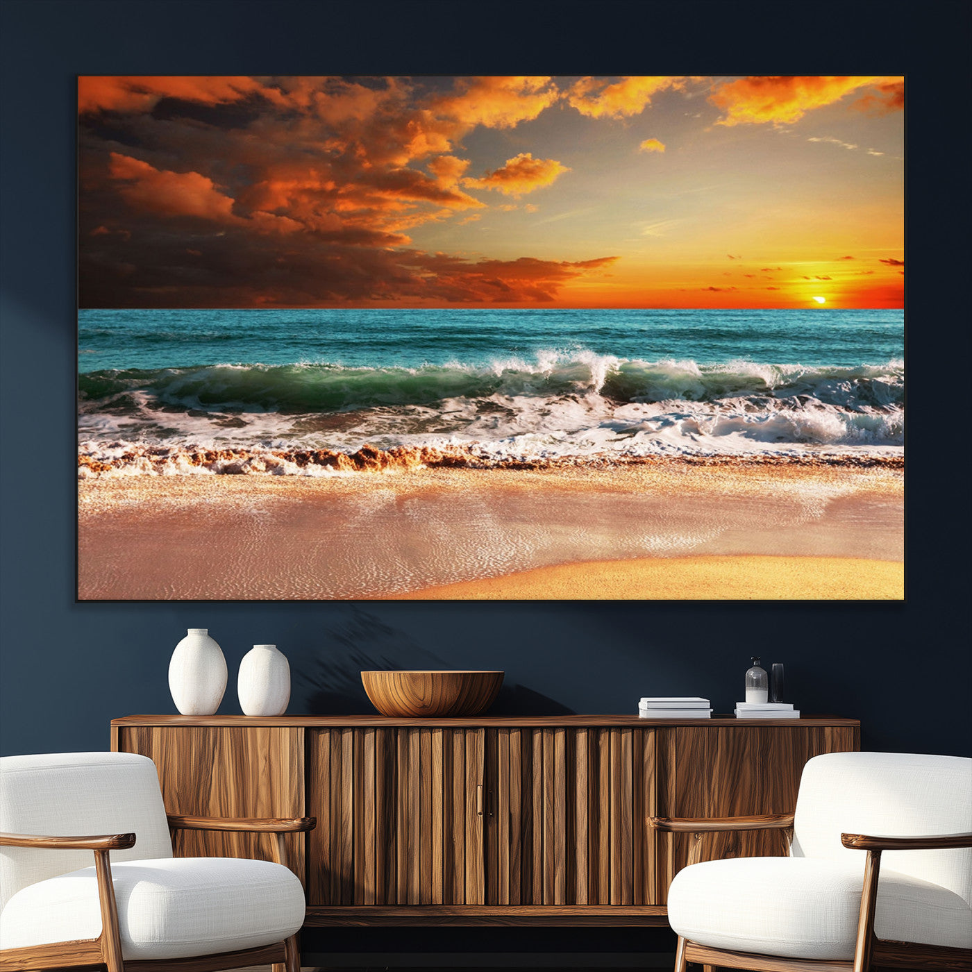-Golden Sunset Beach Canvas Wall Art – Triptych Seascape Print – Framed and Ready to Hang for Living