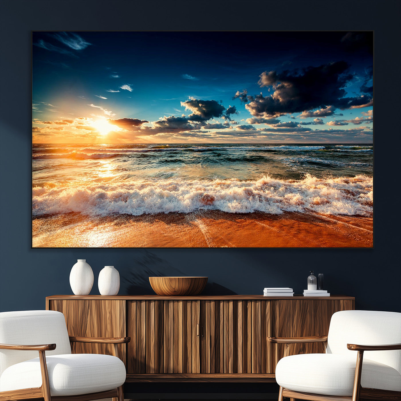 -Golden Hour Sunset Over Ocean Waves Wall Art Canvas Print | 3 Panel Coastal Landscape Canvas Wall