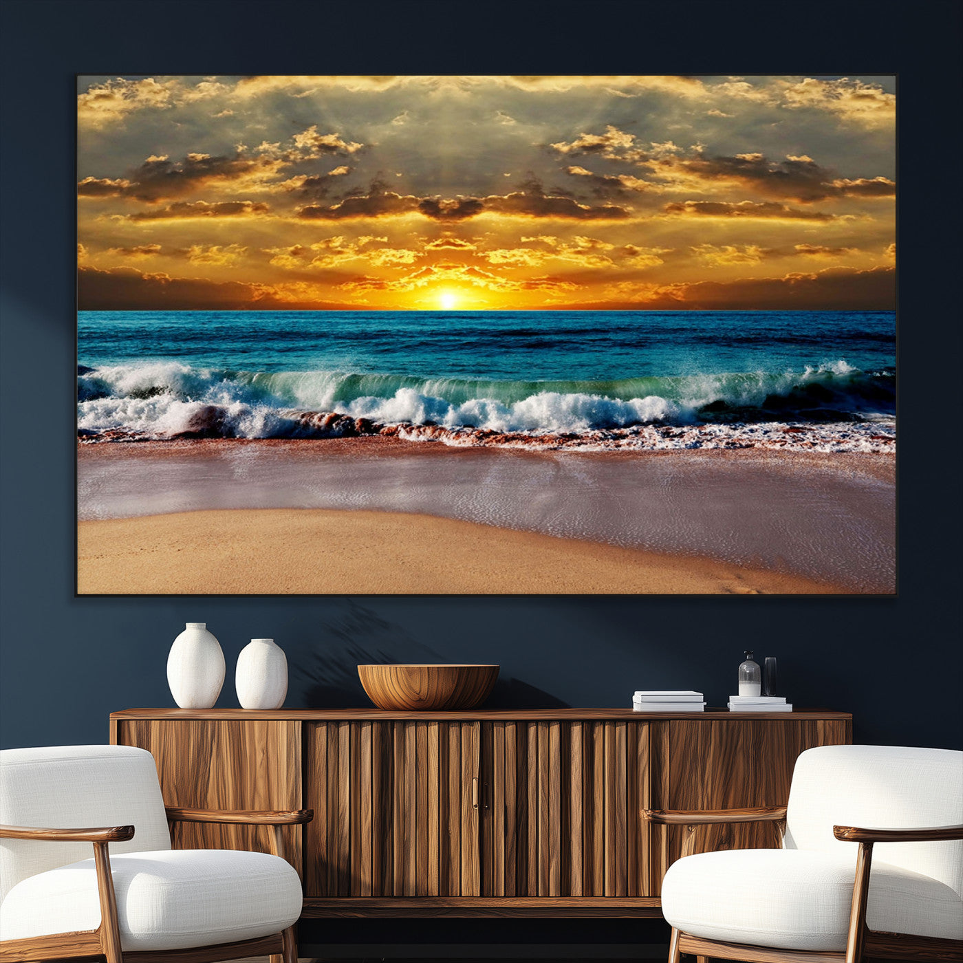 -Ocean Sunrise Over Golden Beach Waves, Giclee Canvas Wall Art Set, High-Quality Stretched Canvas