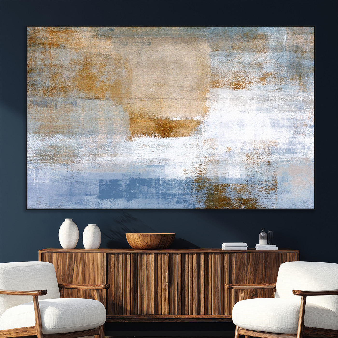 72354-MGV-CV-36X24-Blue Multi Panel Abstract Wall Art Canvas, Abstract Blue and Gold Canvas Print