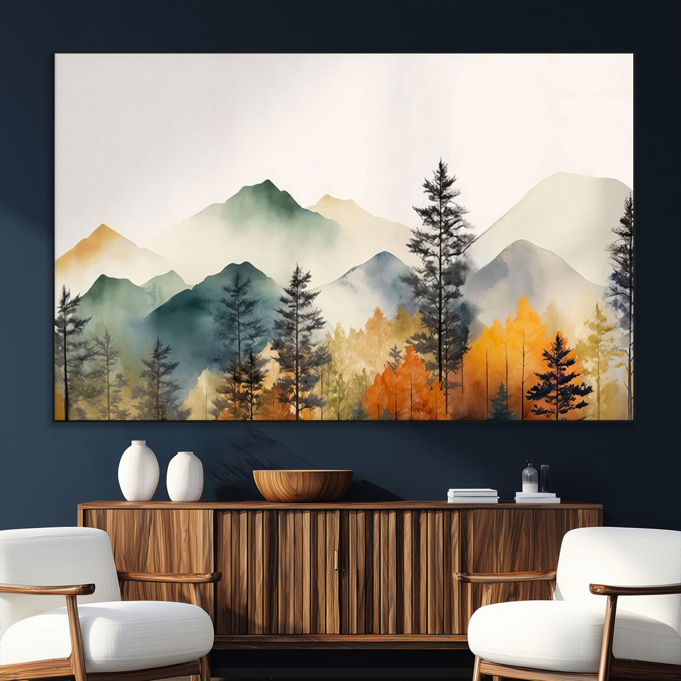 25689-MGV-CV-36X24-Abstract Watercolor Mountains and Trees Autumn Wall Art, Mountains and Trees Autumn Wall Art Canvas