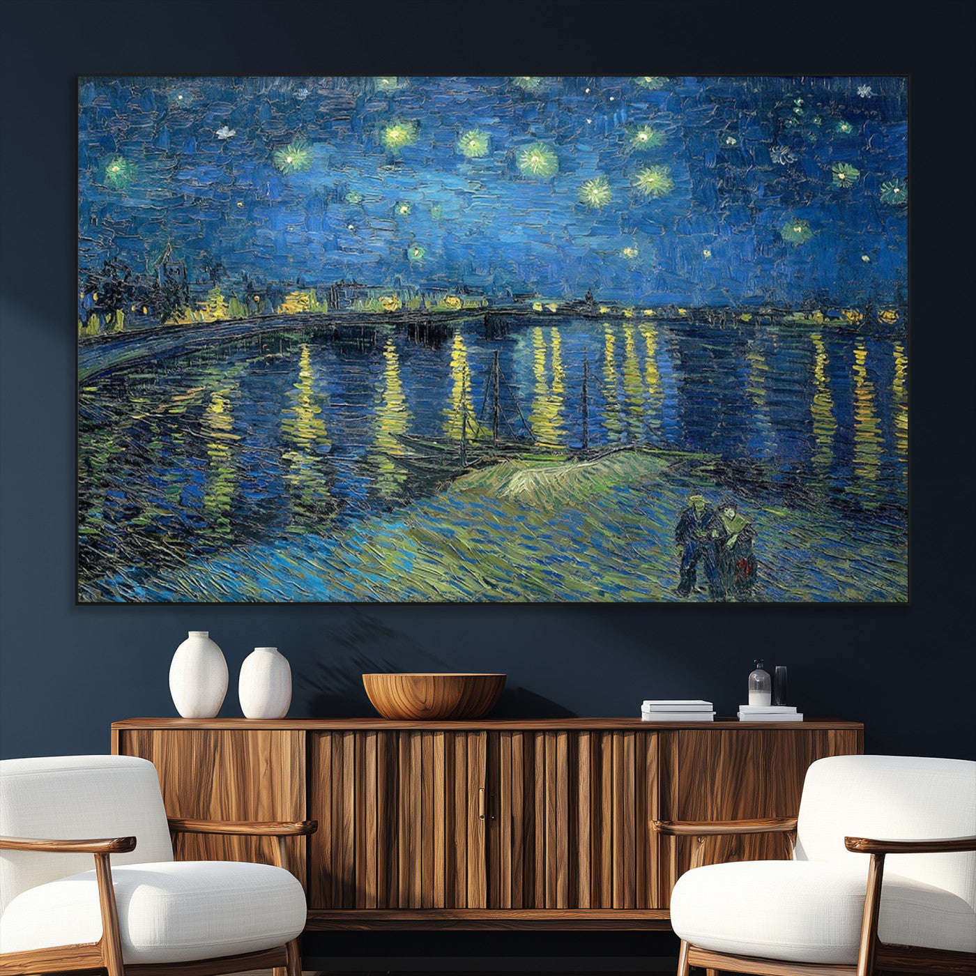 94605-MGV-CV-36X24-Vincent van Gogh Starry Night over the Rhone Abstract Wall Art Canvas, Starry Night Canvas Print