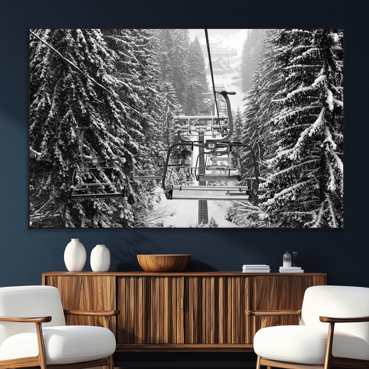 19240-MGV-CV-36X24-Winter Ski Lift Black and White Canvas Wall Art – Alpine Escape in Minimalist Style – Winter Ski