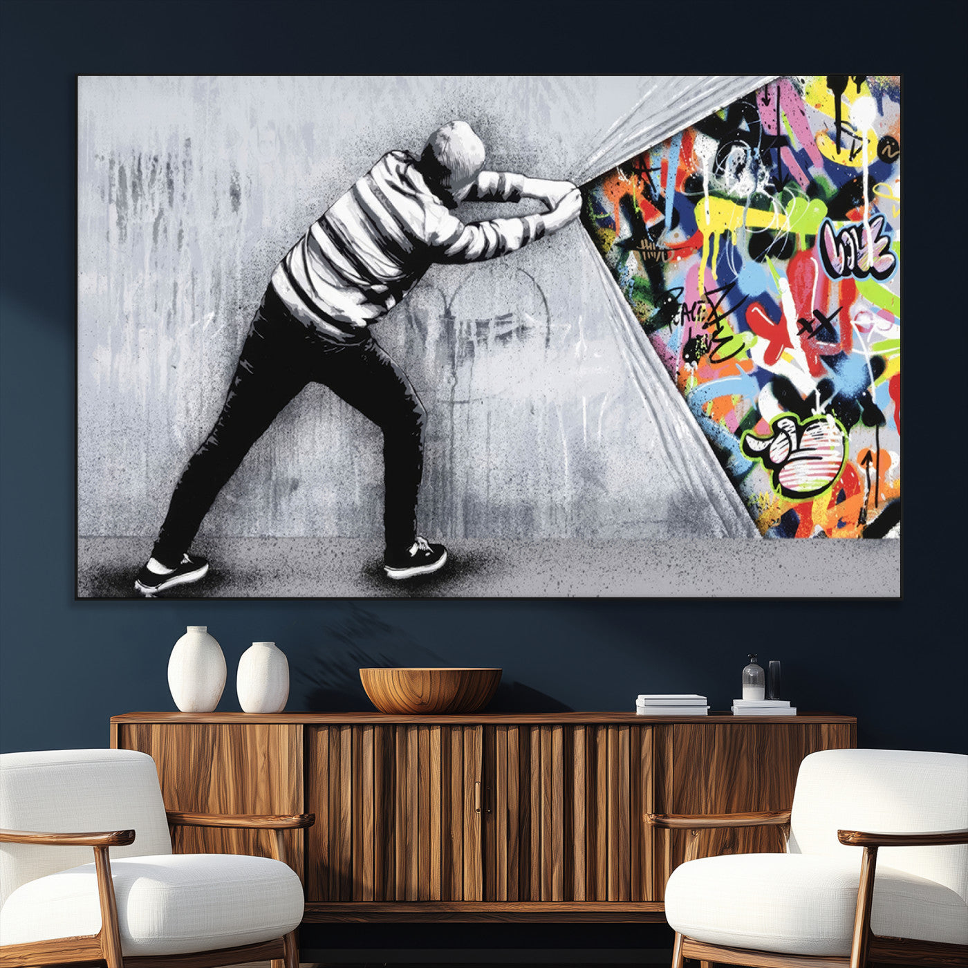52252-MGV-CV-36X24-Banksy Art Behind the Curtain Street Wall Art Canvas Print | 3-Panel Urban Graffiti-Inspired Wall