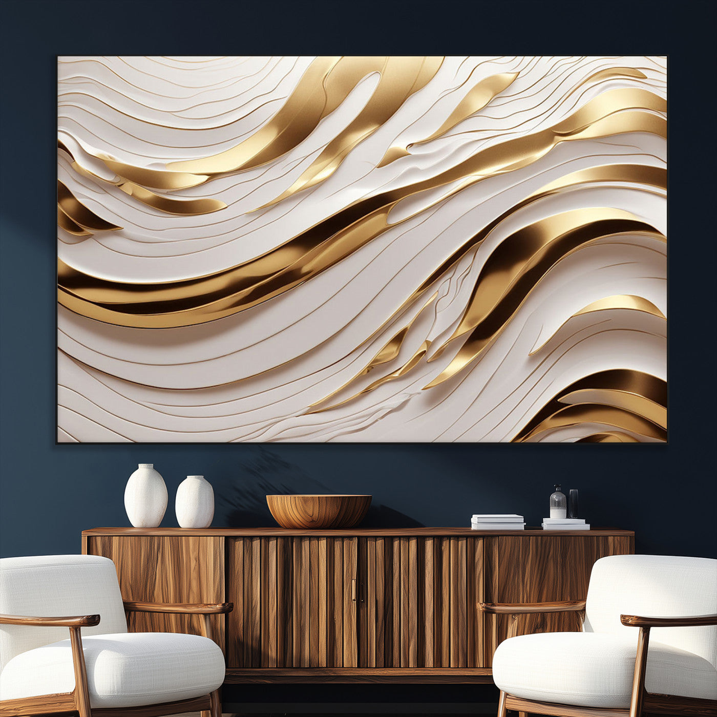81197-MGV-CV-36X24-Gold and White Abstract Wave Canvas – Elegant Flowing Design with Luxurious Golden Accents –