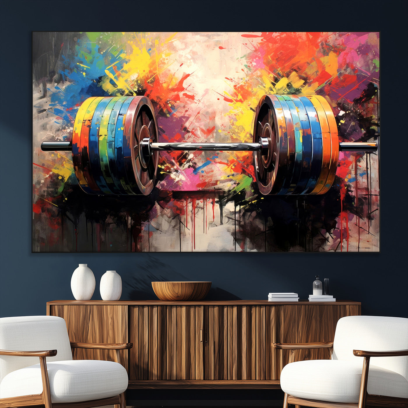 80436-MGV-CV-36X24-Weightlifting Barbell Art Triptych, Bold Abstract Fitness Wall Decor for Gym or Home, Giclee Canvas