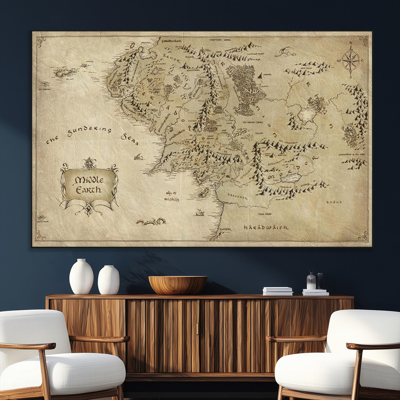 21784-MGV-CV-36X24-Vintage Middle Earth Map Wall Art Canvas – Lord of the Rings Inspired Framed Map Print, Classic Fantasy Decor for Home, Office