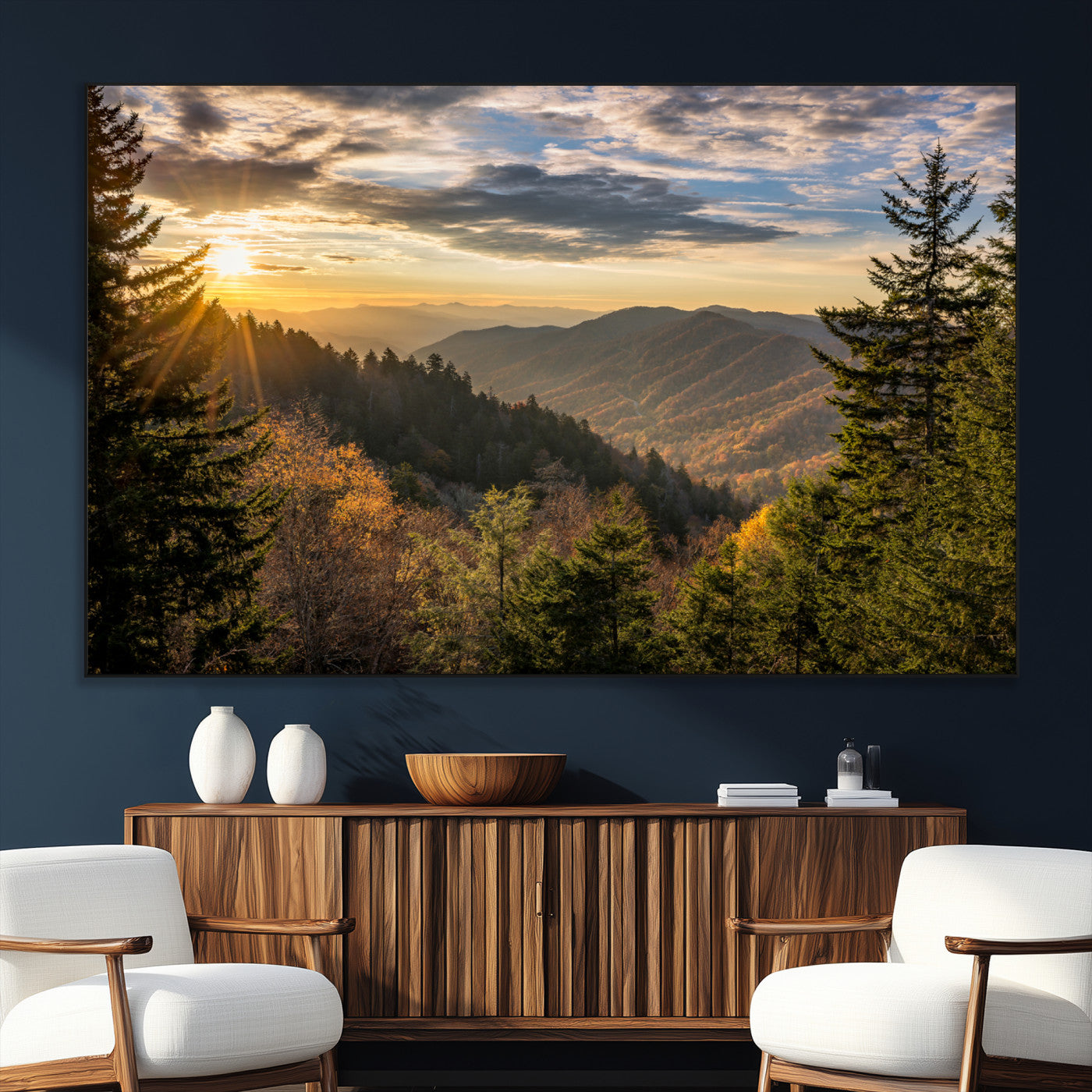 73692479-MGV-CV-36X24-Sunrise Over the Smoky Mountains Canvas Wall Art – Breathtaking Scenic Landscape Photography in a
