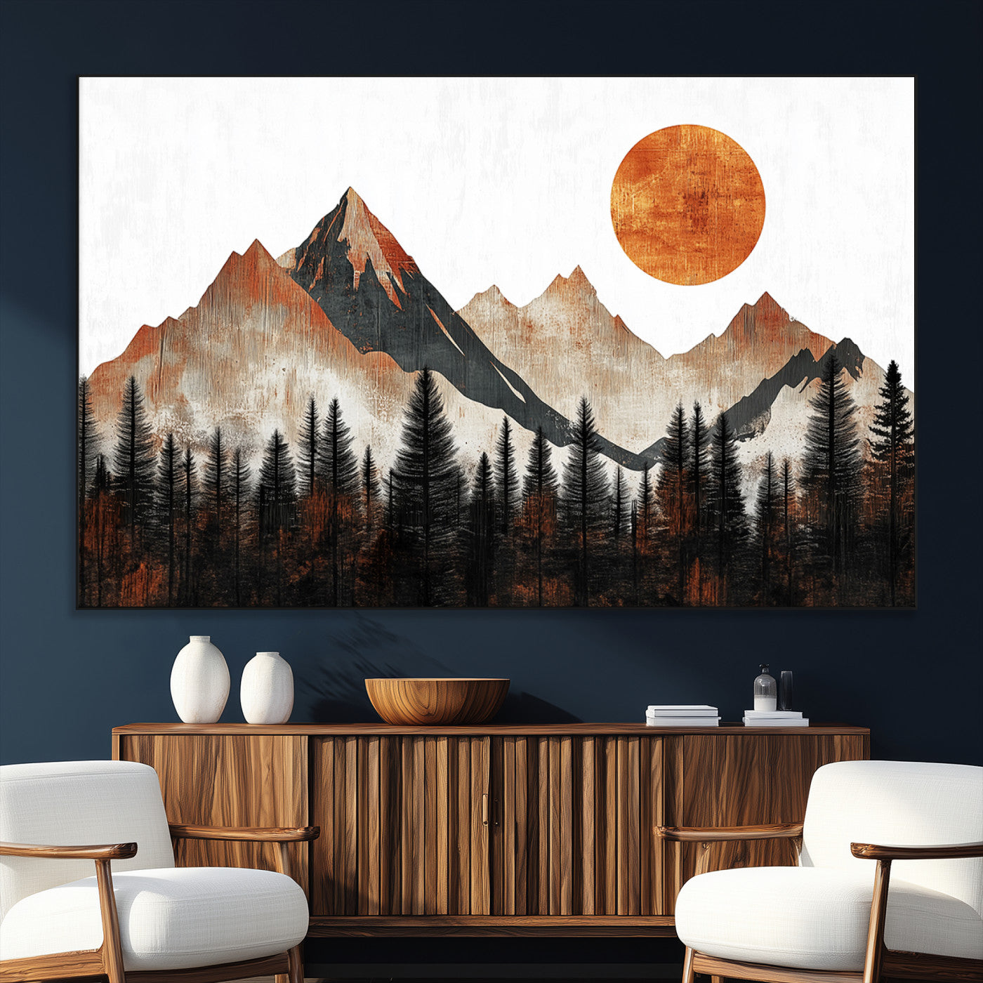 71366-MGV-CV-36X24-Modern Abstract Mountain Canvas Wall Art Print, Abstract Landscape Print, Rustic Sun and Mountains