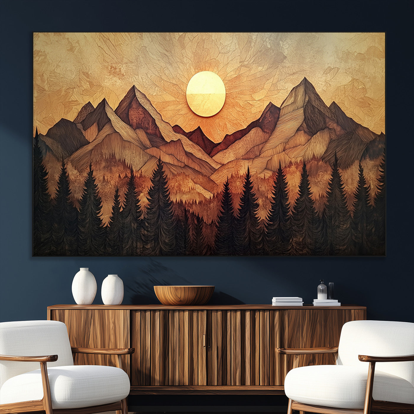 71340-MGV-CV-36X24-Wood Style Abstract Mountain Sunset Canvas Wall Art Print - Warm Earth Nature-Inspired Decor for
