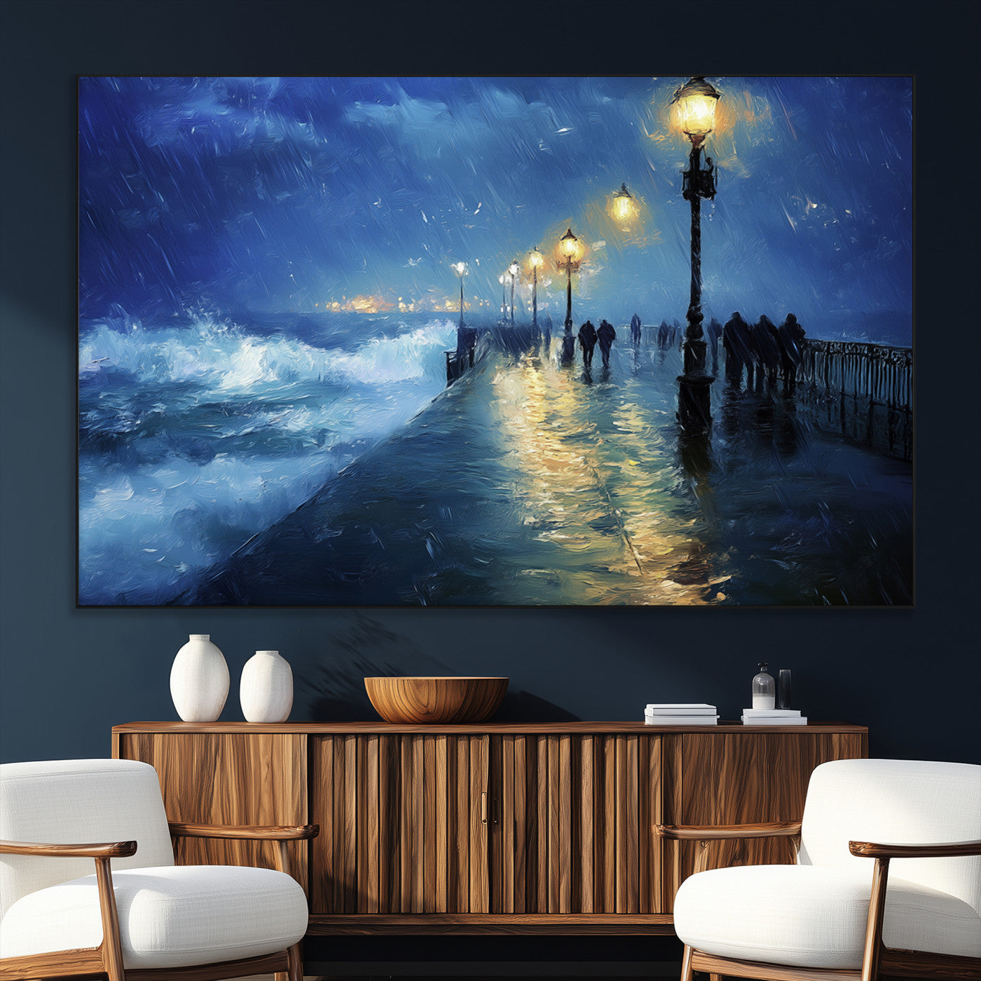 94571-MGV-CV-36X24-Storm Ocean Pier Canvas Wall Art Print - Large Moody Night Scene Print, Seaside Wall Decor