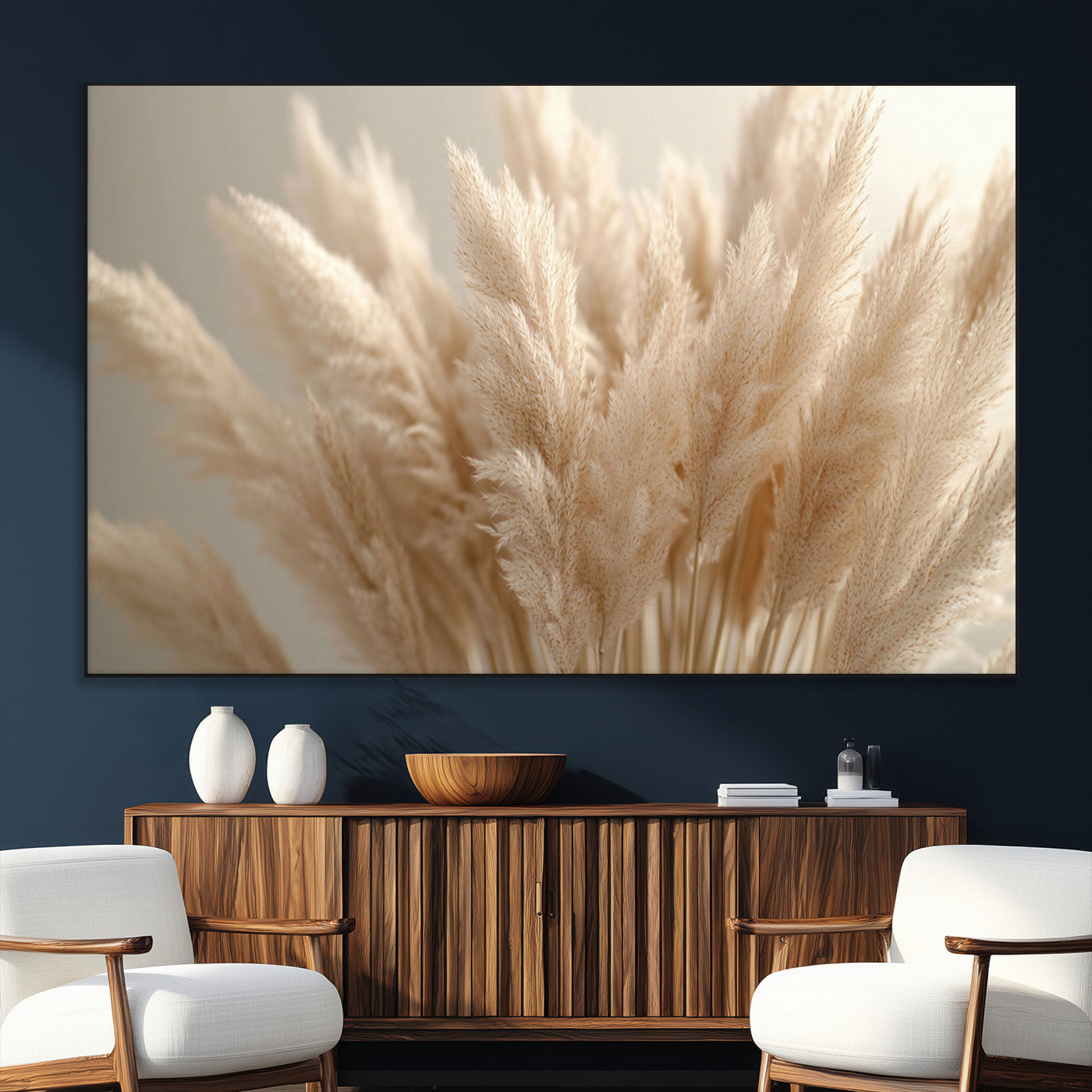 -Pampas Grass Canvas Wall Art - Elegant Neutral Decor for Living Room, Boho Minimalist Artwork, Ready
