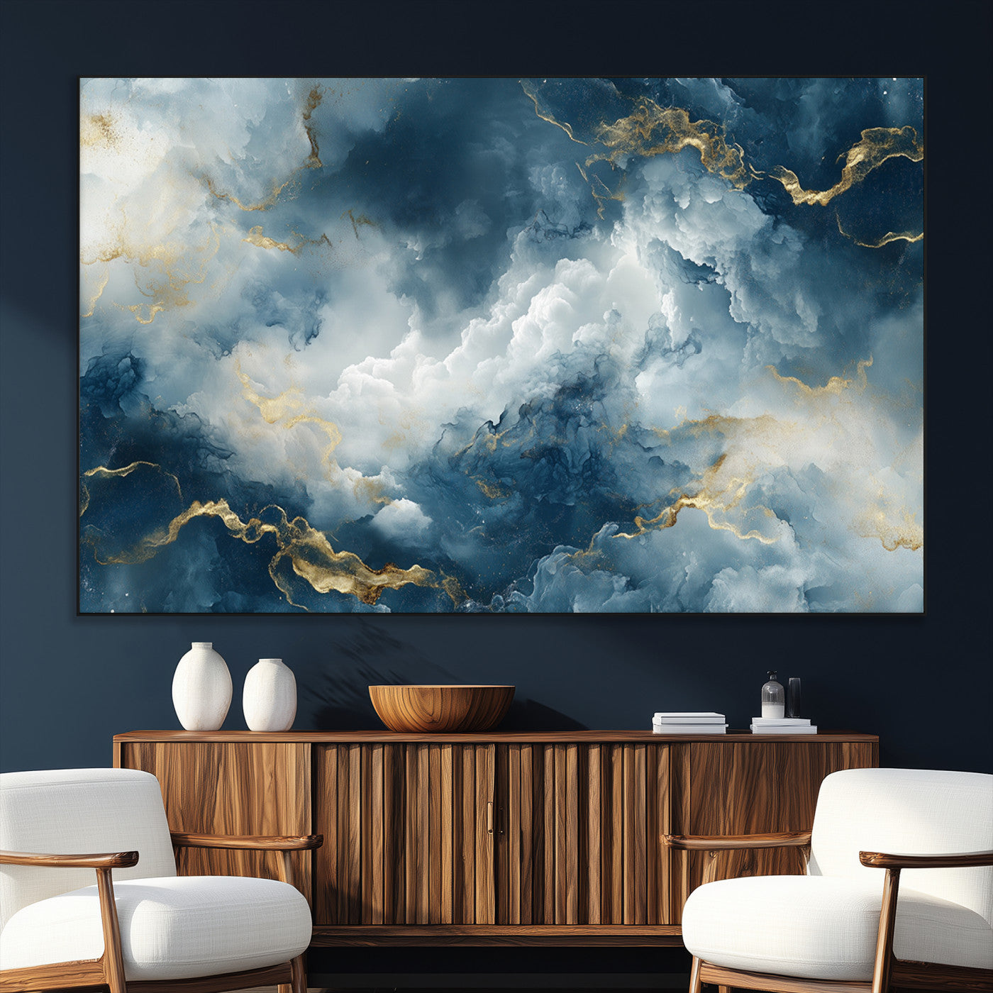 48298-MGV-CV-36X24-Large Abstract Print - Luxe Blue and Gold Abstract Canvas Wall Art - Bold Cloudscape Canvas for