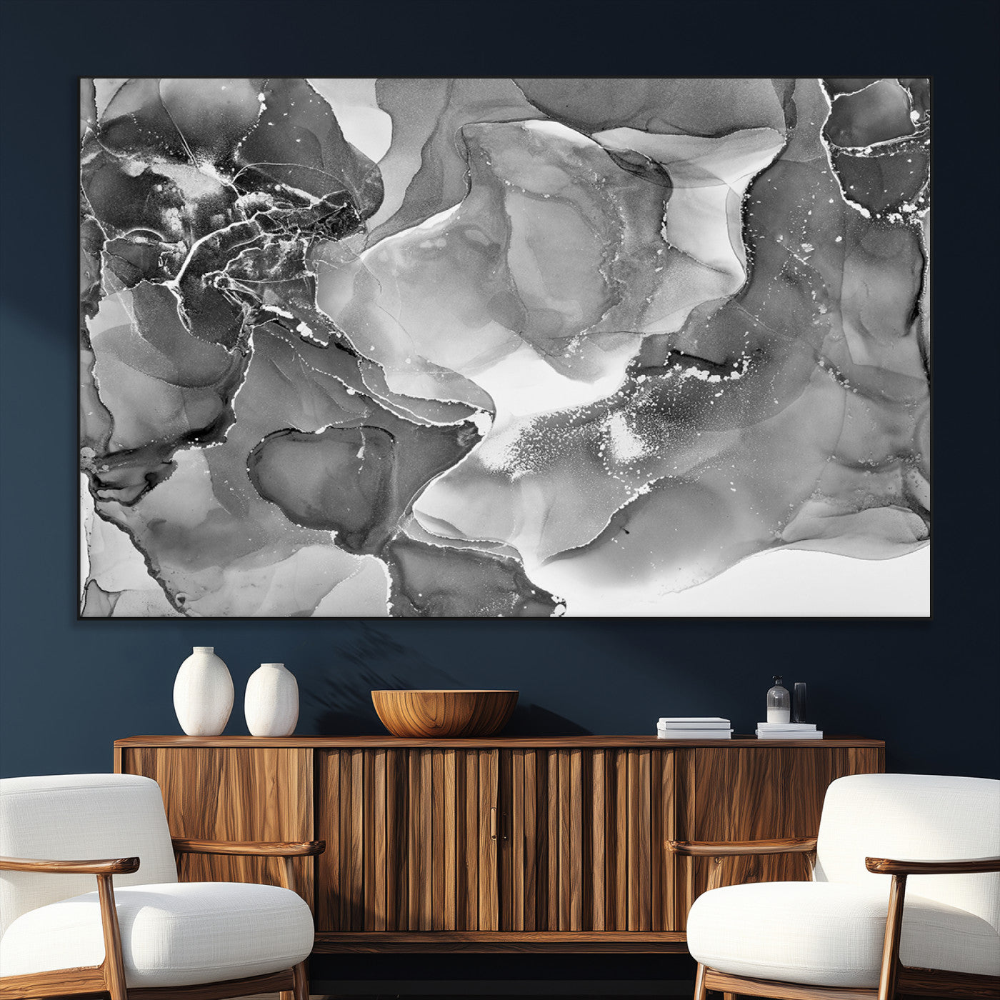 15911-MGV-CV-36X24-Black White Abstract Canvas Wall Art - Fluid Ink Artwork - Modern Luxury Wall Decor for Contemporary