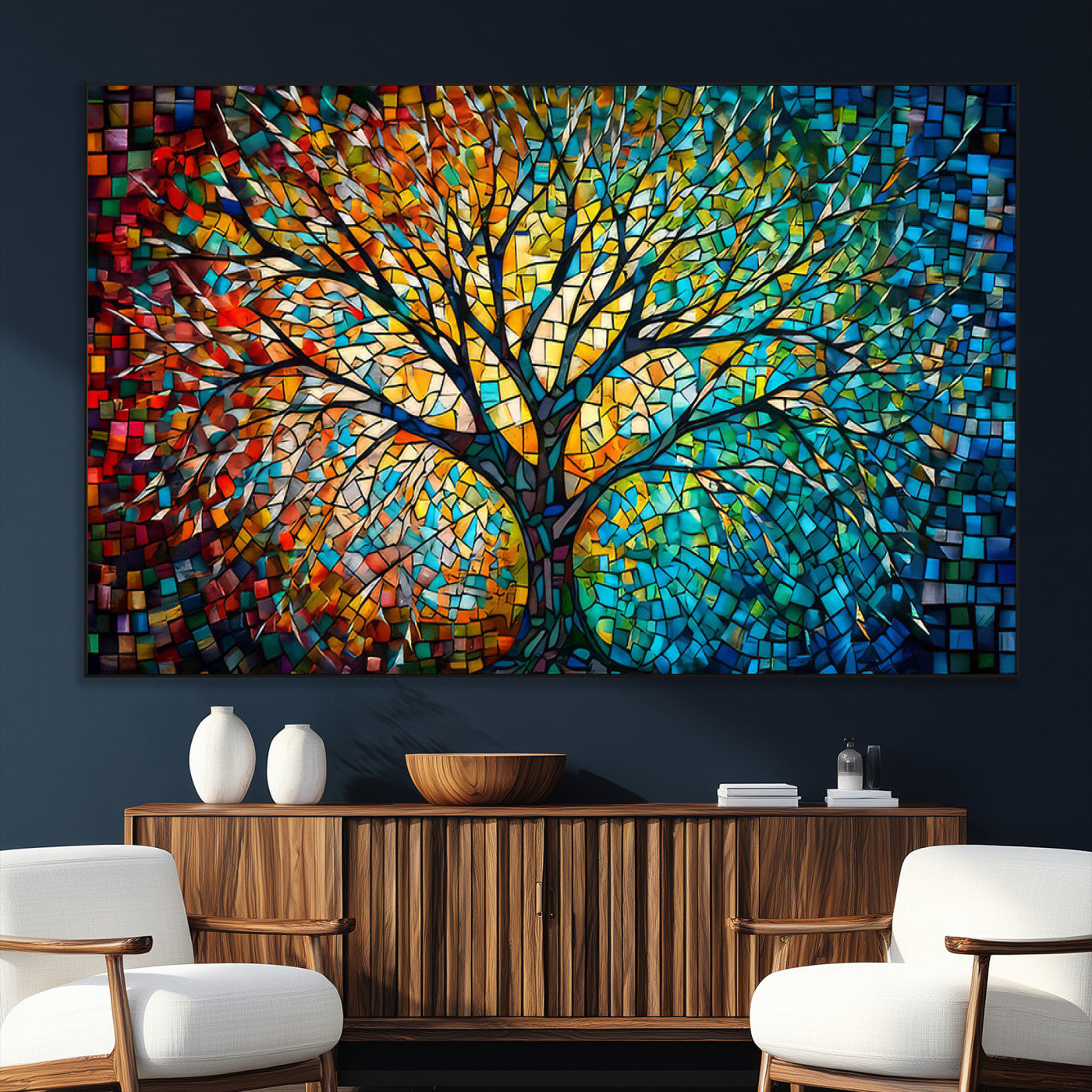 99325-MGV-CV-36X24-Yggdrasil Tree of Life Wall Art Print Canvas | Mosaic Style 3-Panel Canvas Print